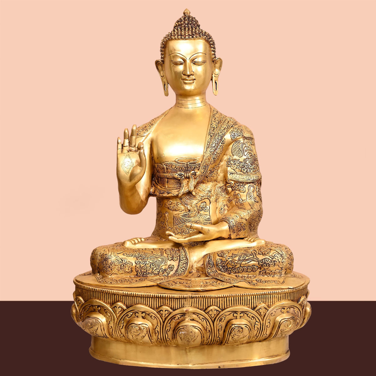Brass Handcarved Blessing Buddha (33 Inch) Vedansh Craft