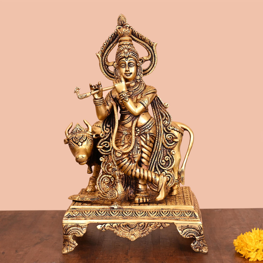 Brass Standing Krishna Idol With Cow (13.5 Inch) Vedansh Craft