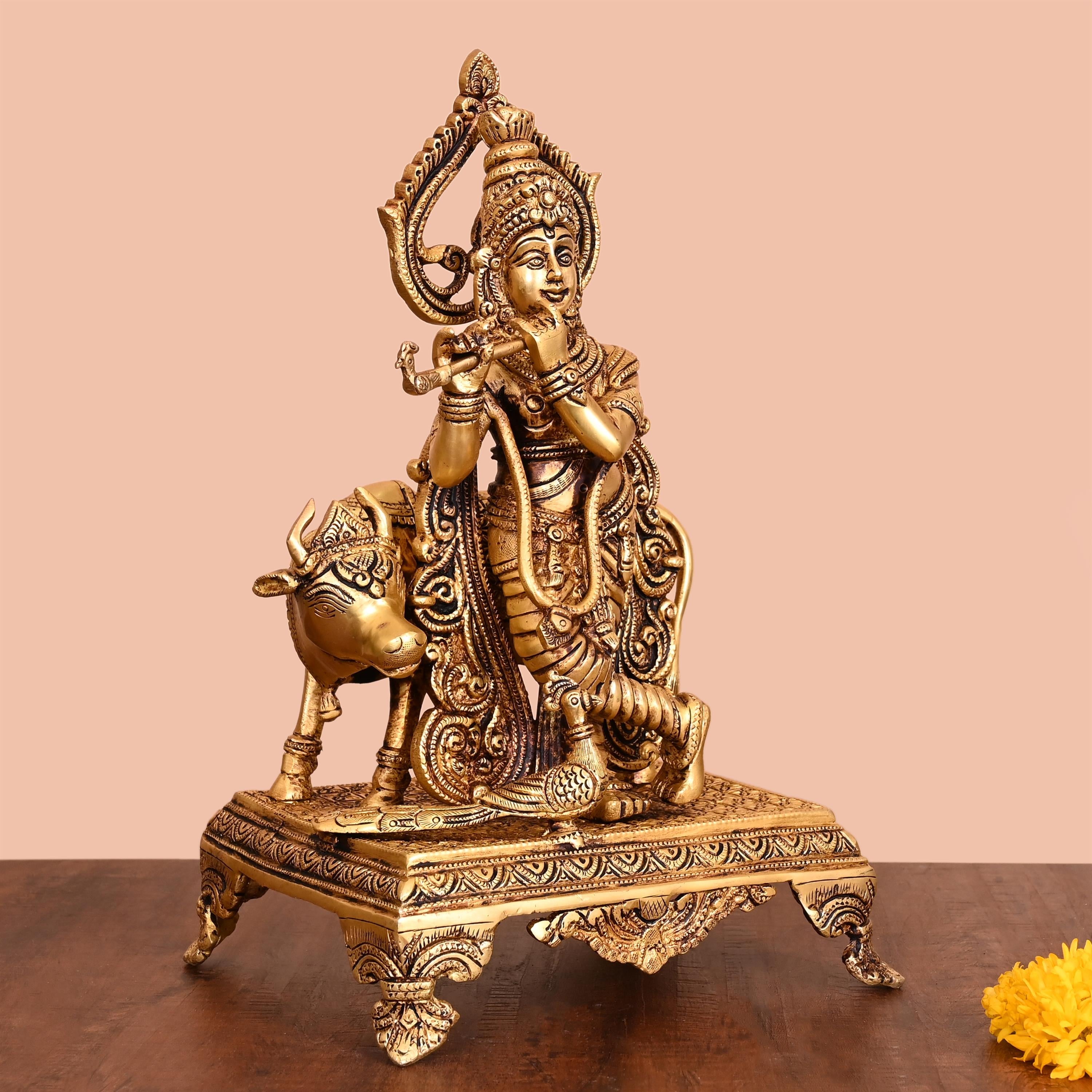 Brass Standing Krishna Idol With Cow (13.5 Inch) Vedansh Craft