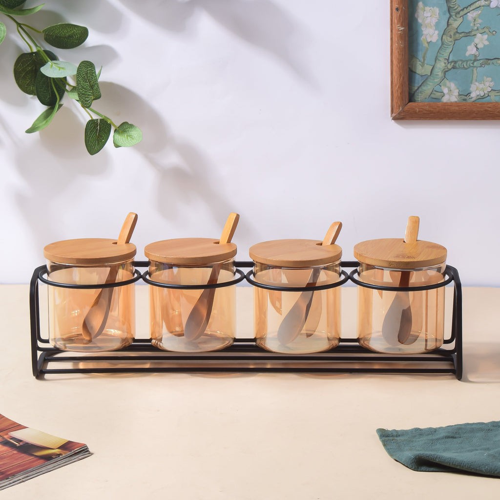 Amber Jars With Lid And Spoon Set Of 9 300ml Nestasia