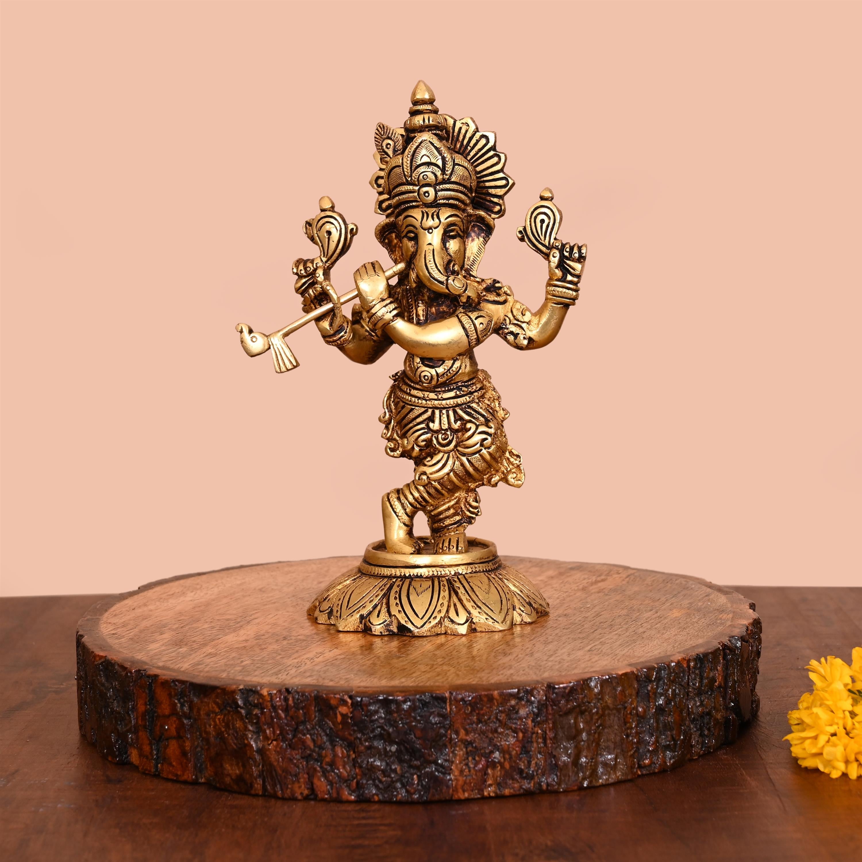 Brass Murli Standing Ganesha Idol (7.5 Inch) Vedansh Craft