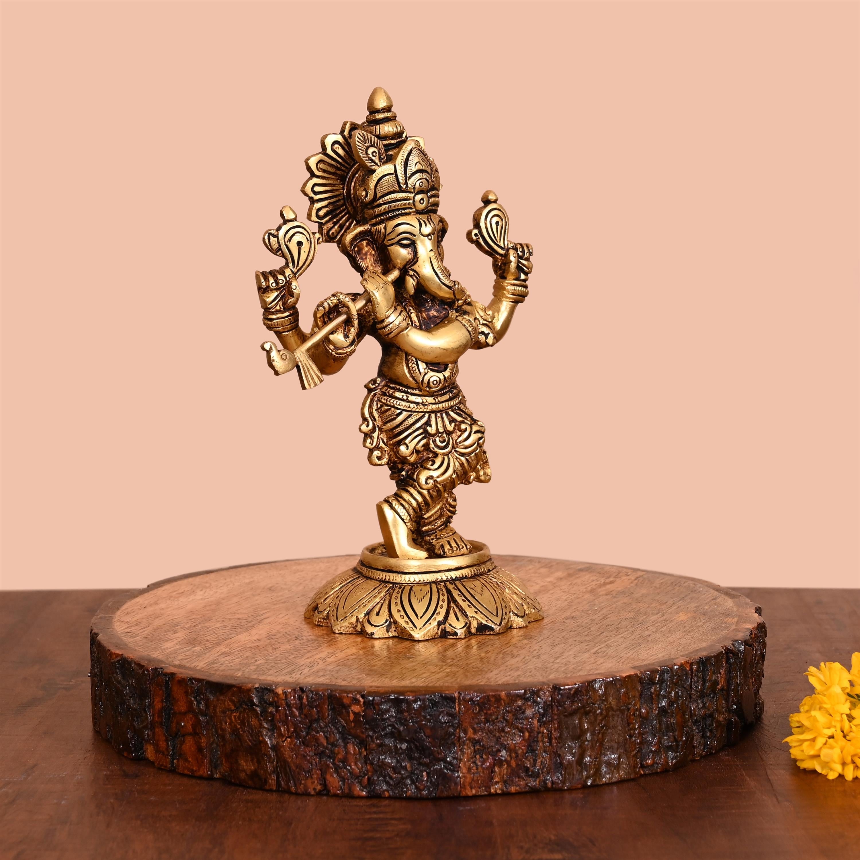 Brass Murli Standing Ganesha Idol (7.5 Inch) Vedansh Craft