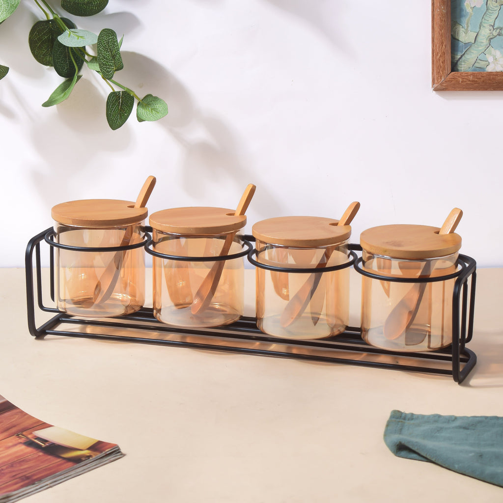 Amber Jars With Lid And Spoon Set Of 9 300ml Nestasia