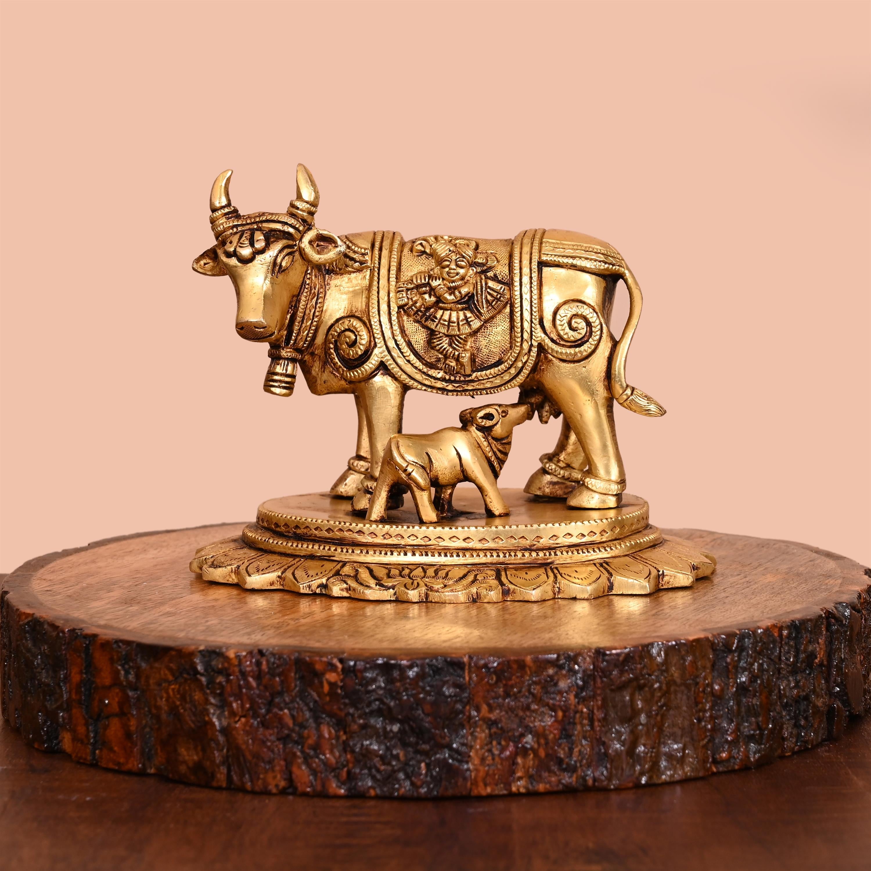 Brass Kamdhenu Cow With Calf Idol (4.5 Inch) Vedansh Craft
