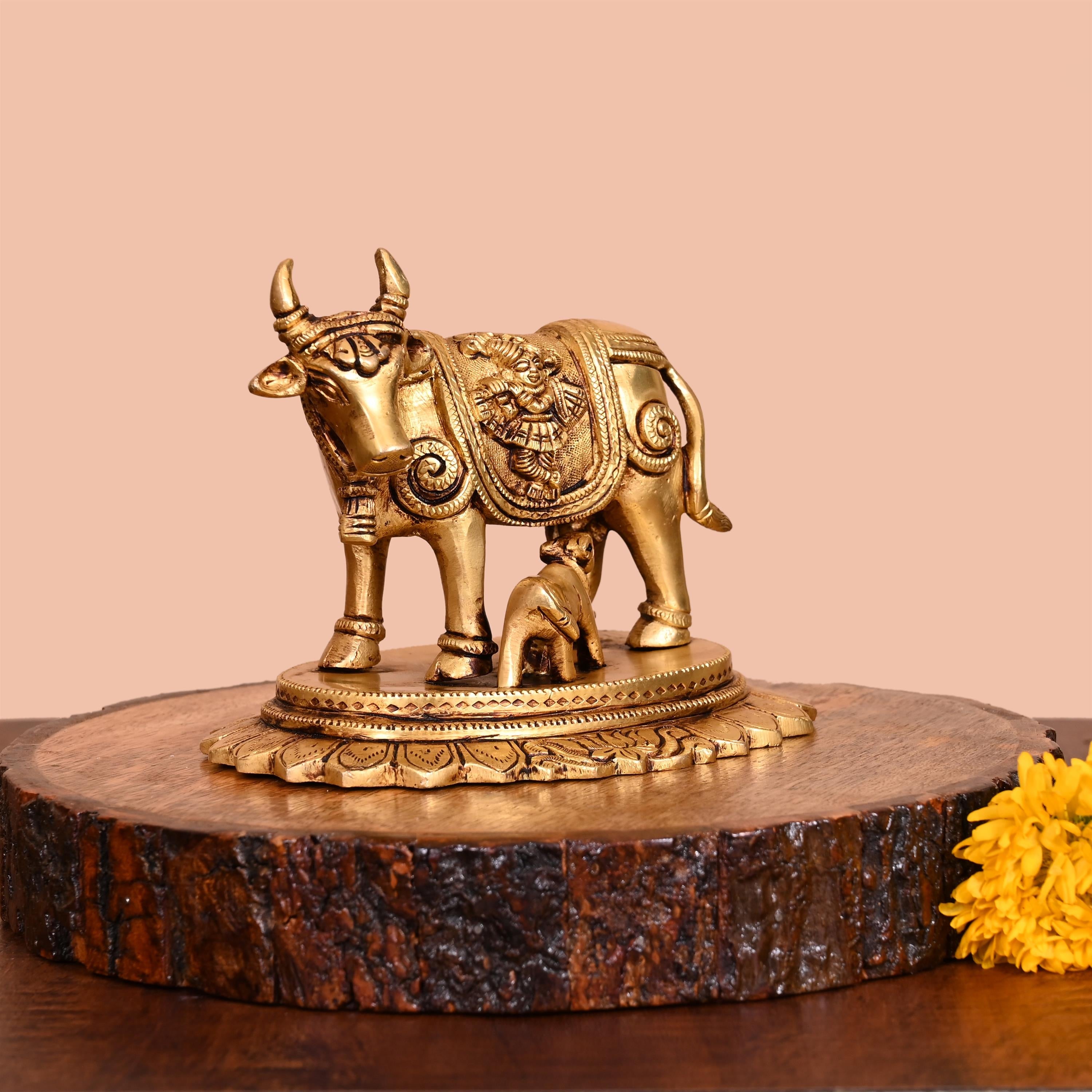 Brass Kamdhenu Cow With Calf Idol (4.5 Inch) Vedansh Craft