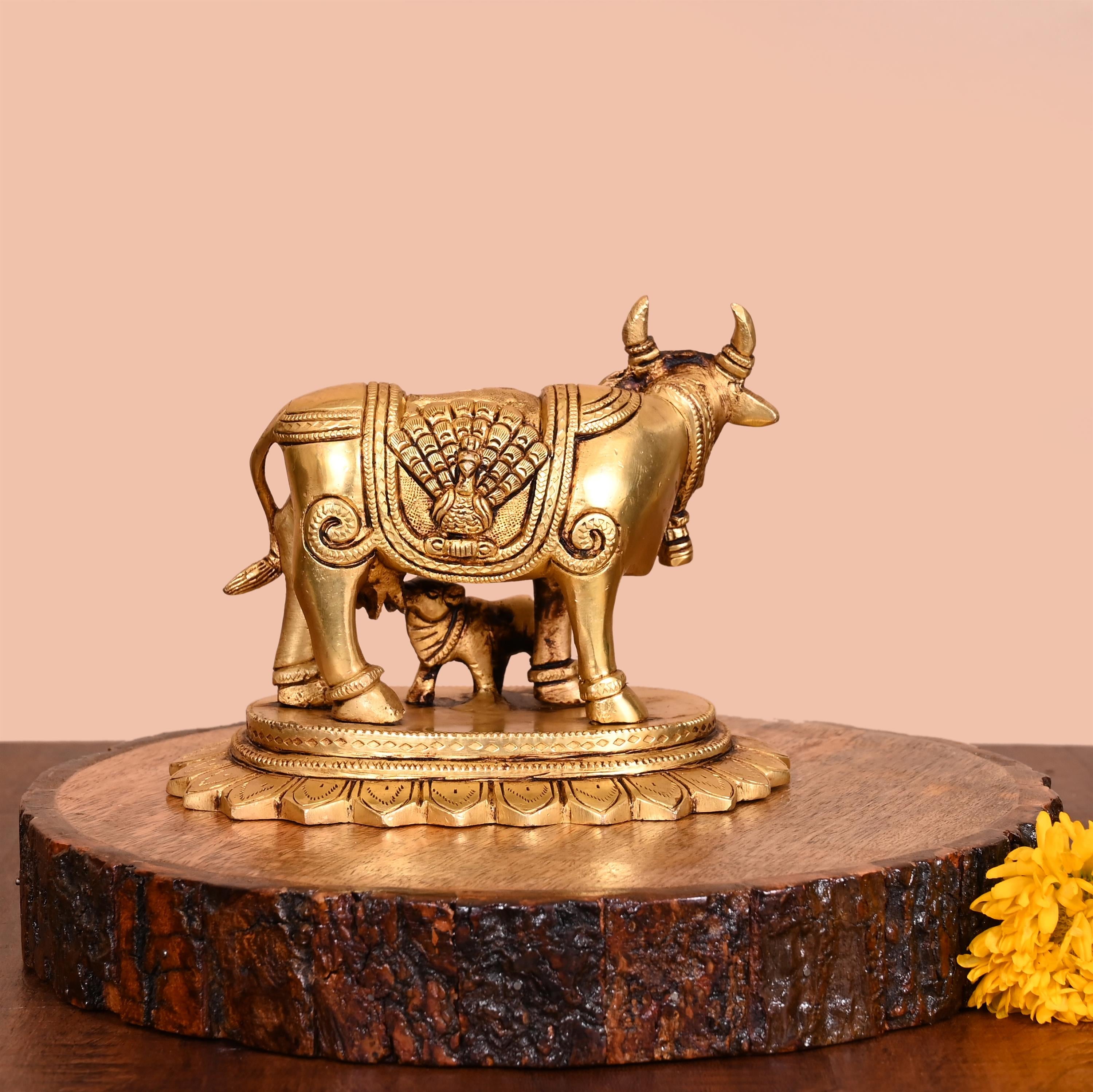 Brass Kamdhenu Cow With Calf Idol (4.5 Inch) Vedansh Craft