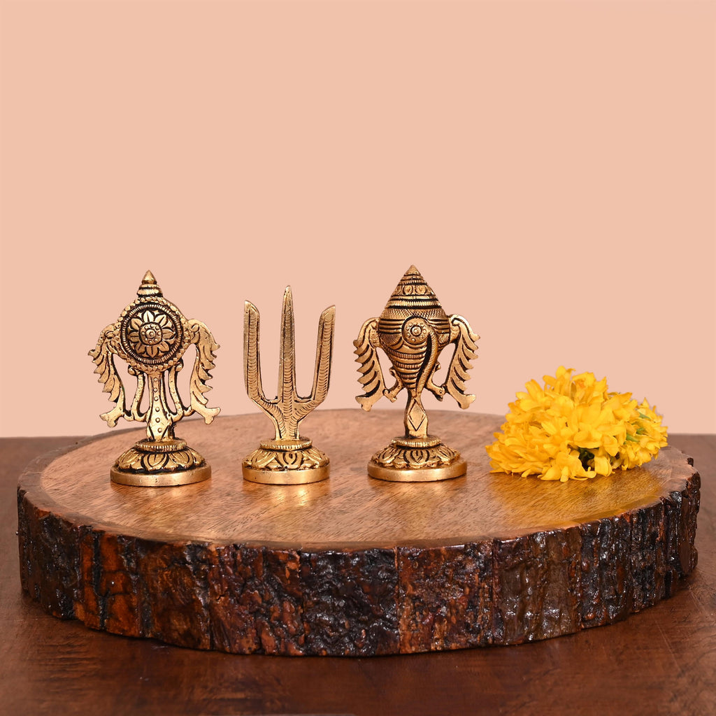 Brass Shankh Chakra And Namah Decor Set (3 Inch) Vedansh Craft