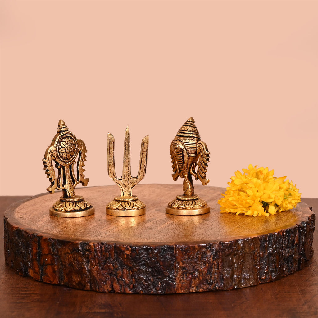 Brass Shankh Chakra And Namah Decor Set (3 Inch) Vedansh Craft
