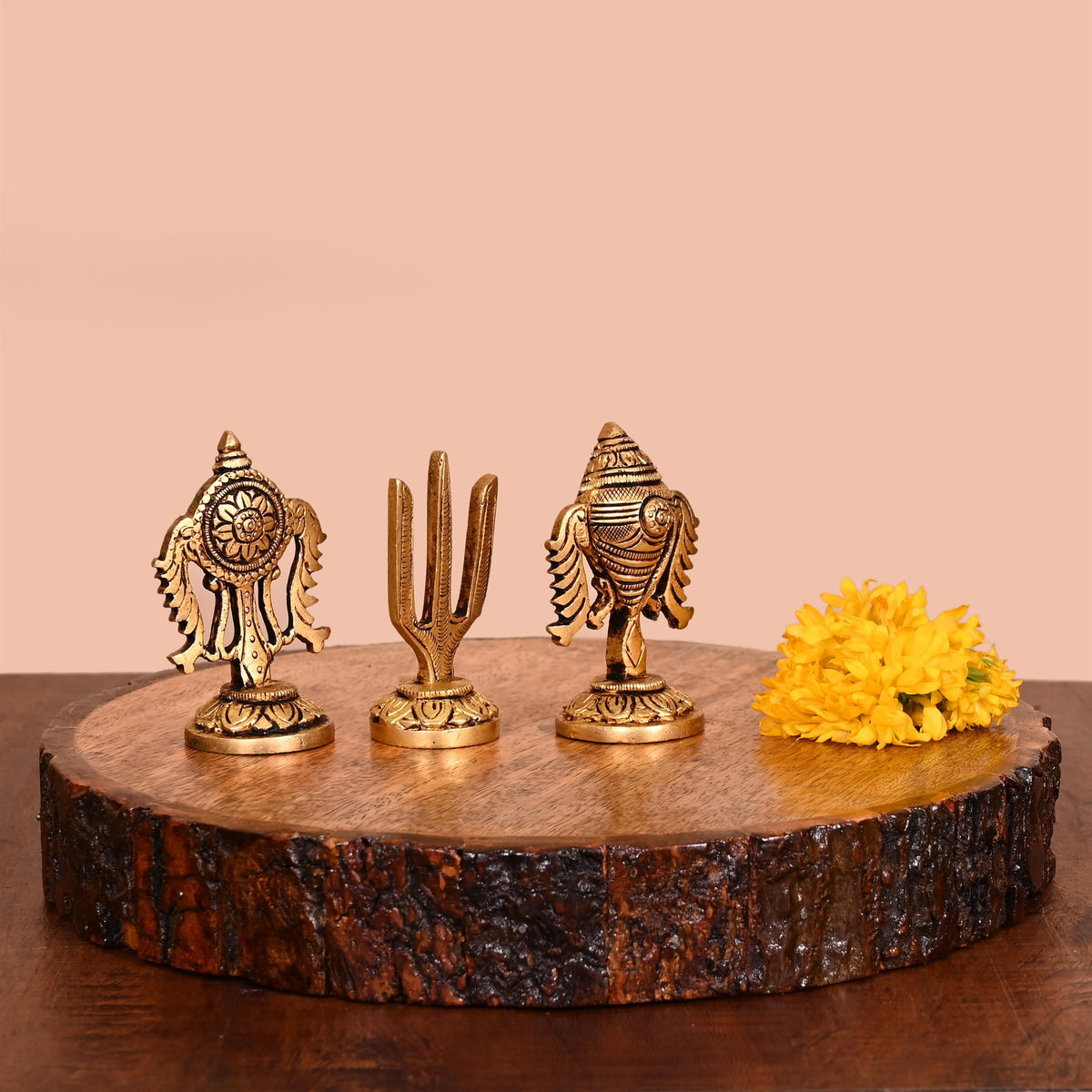 Brass Shankh Chakra And Namah Decor Set (3 Inch) Vedansh Craft