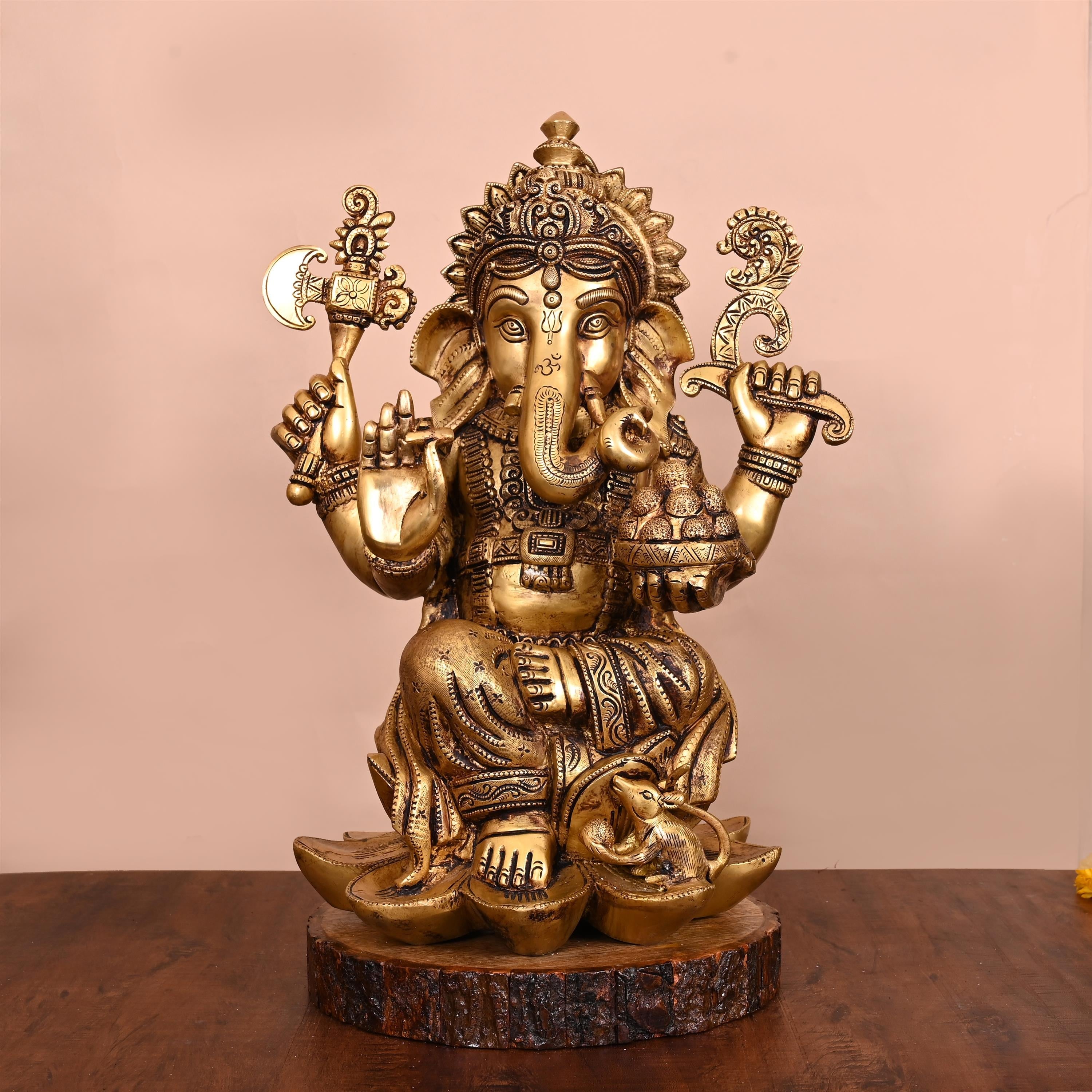 Brass Lotus Sitting Ganesha Statue (17 Inch) Vedansh Craft