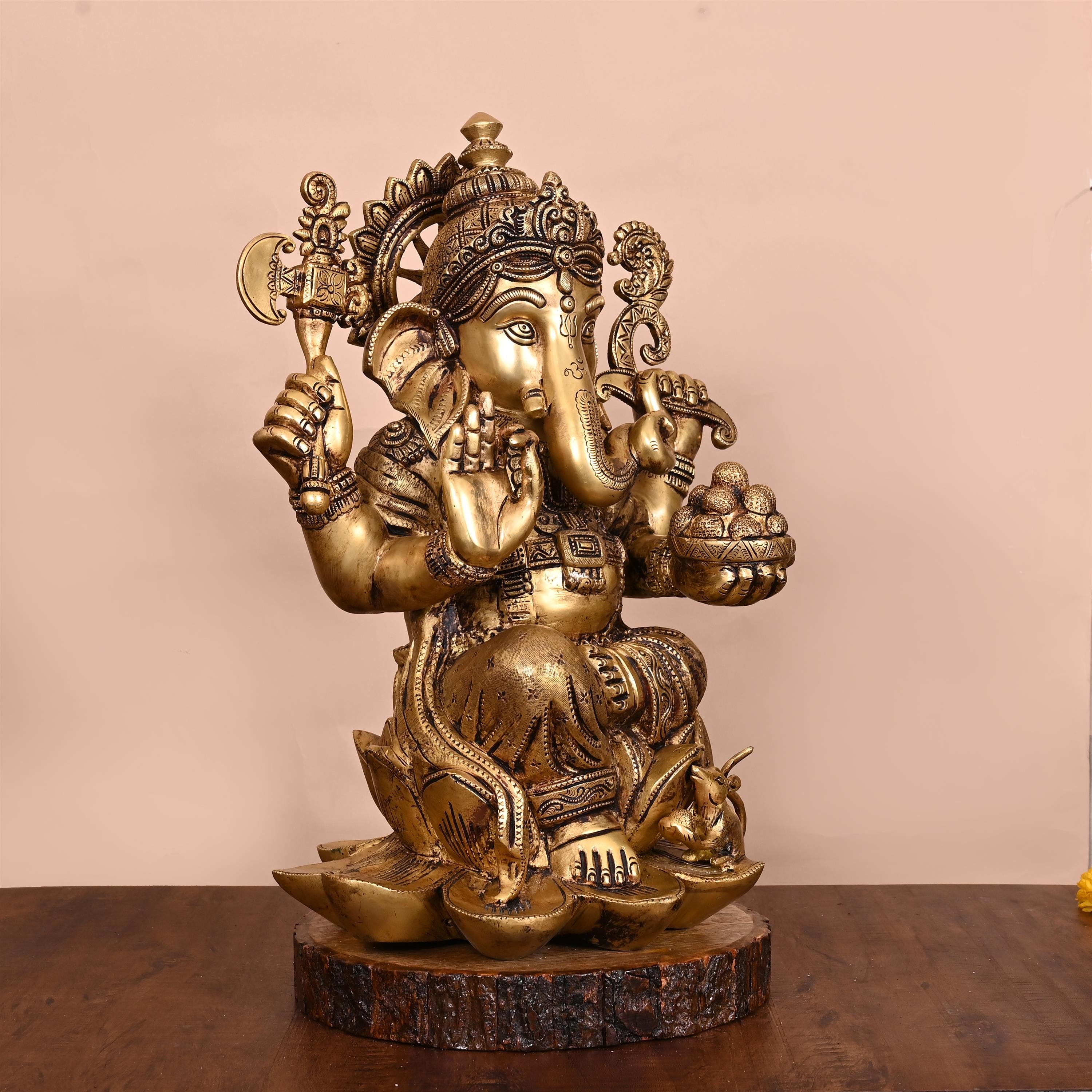 Brass Lotus Sitting Ganesha Statue (17 Inch) Vedansh Craft