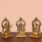 Brass Sitting Lakshmi, Ganesha, And Saraswati On Throne Set (8 Inch) Vedansh Craft