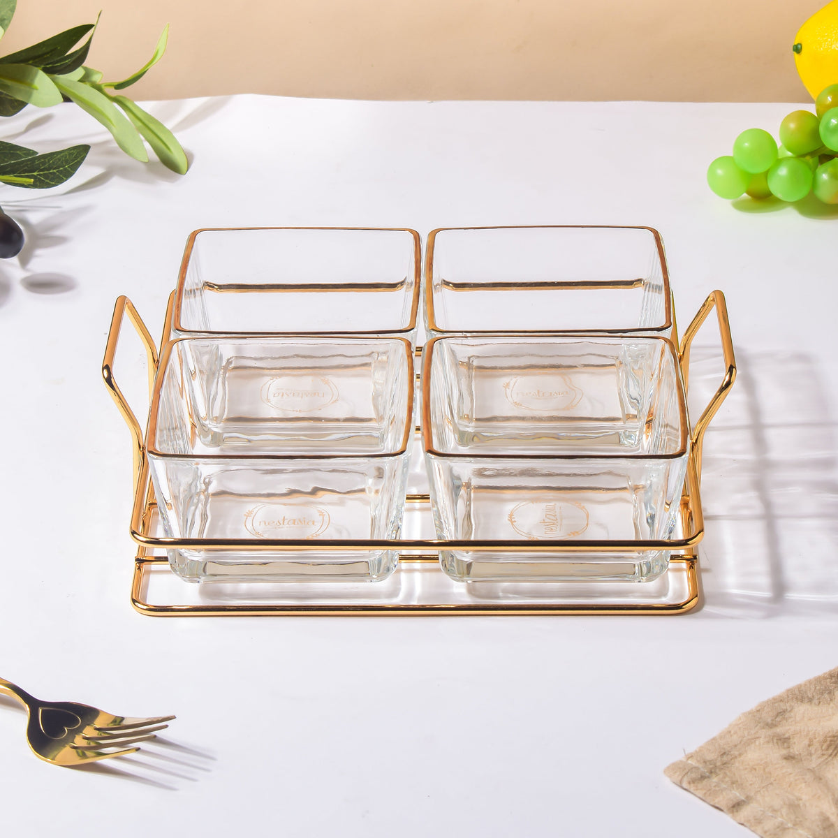 Gold Rim Crystal Bowls Tray Set Of 5 200ml Nestasia