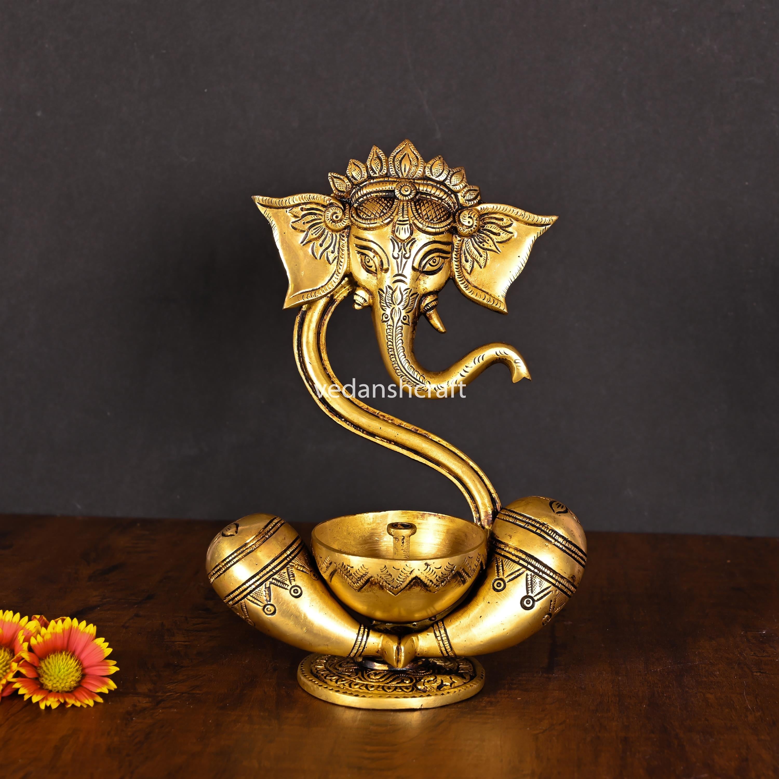 Brass Modern Ganesha Idol With Akhand Diya (8.8 Inch) Vedansh Craft