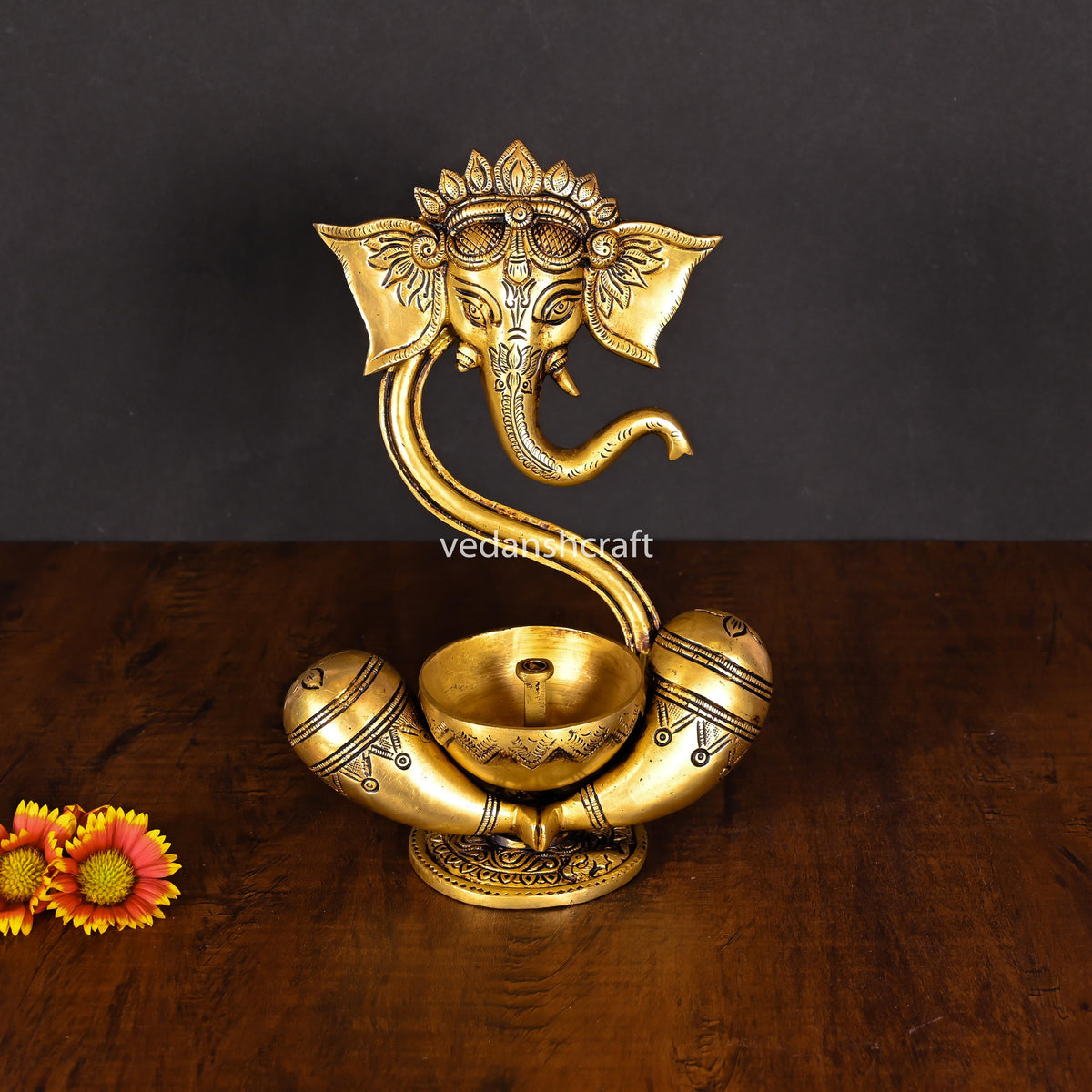 Brass Modern Ganesha Idol With Akhand Diya (8.8 Inch) Vedansh Craft