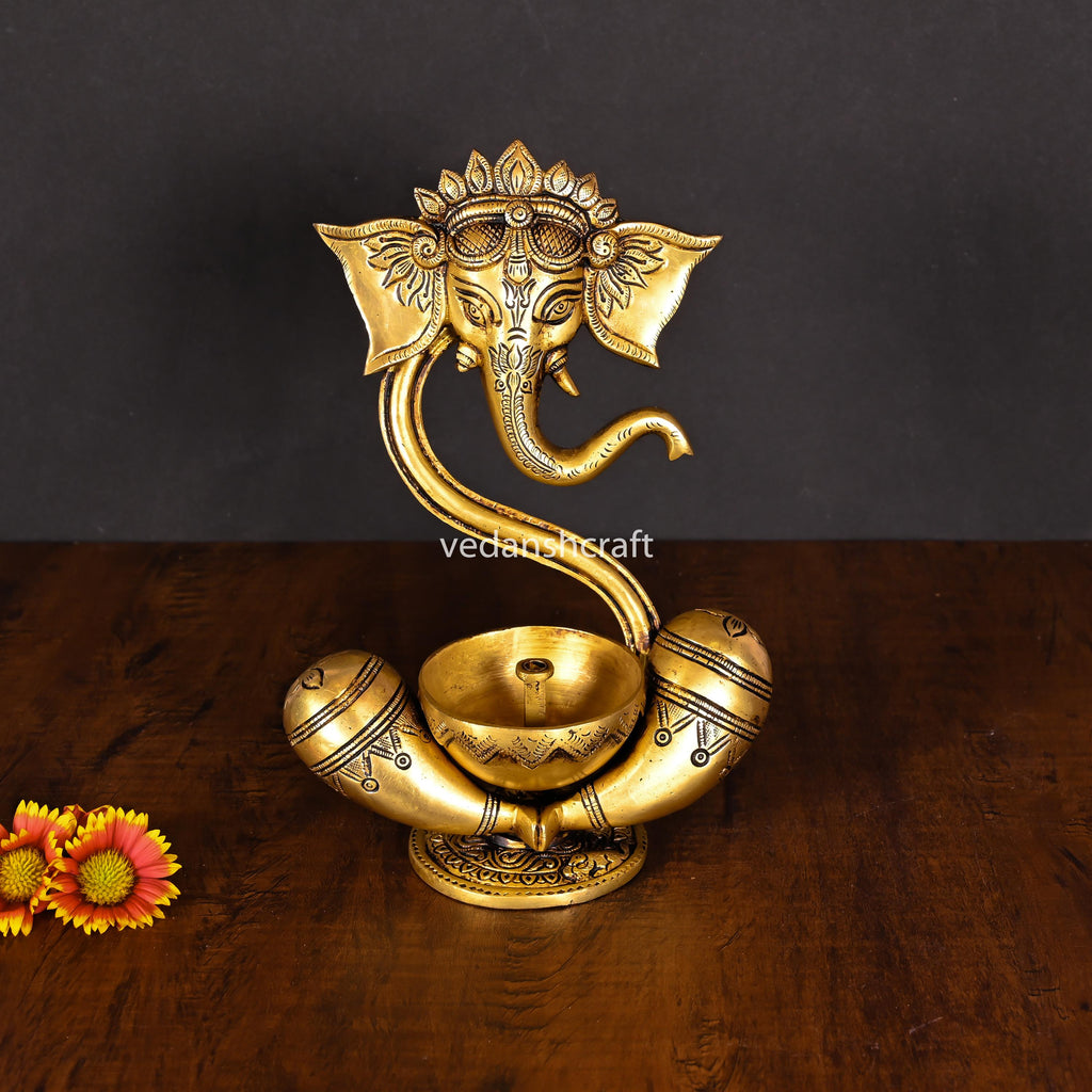 Brass Modern Ganesha Idol With Akhand Diya (8.8 Inch) Vedansh Craft