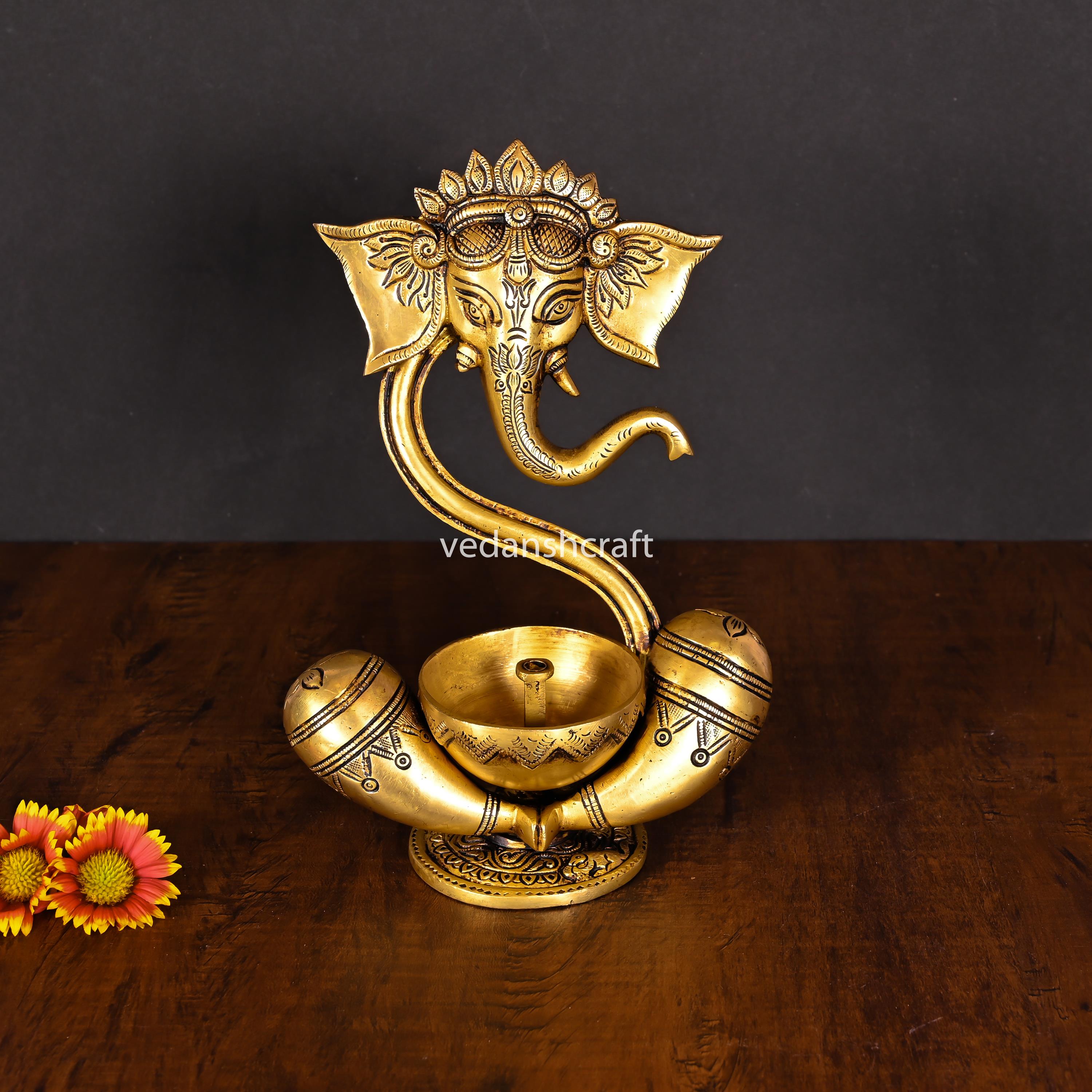 Brass Modern Ganesha Idol With Akhand Diya (8.8 Inch) Vedansh Craft