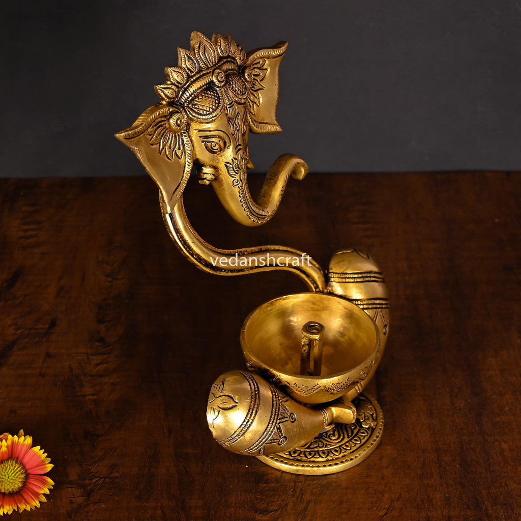 Brass Modern Ganesha Idol With Akhand Diya (8.8 Inch) Vedansh Craft