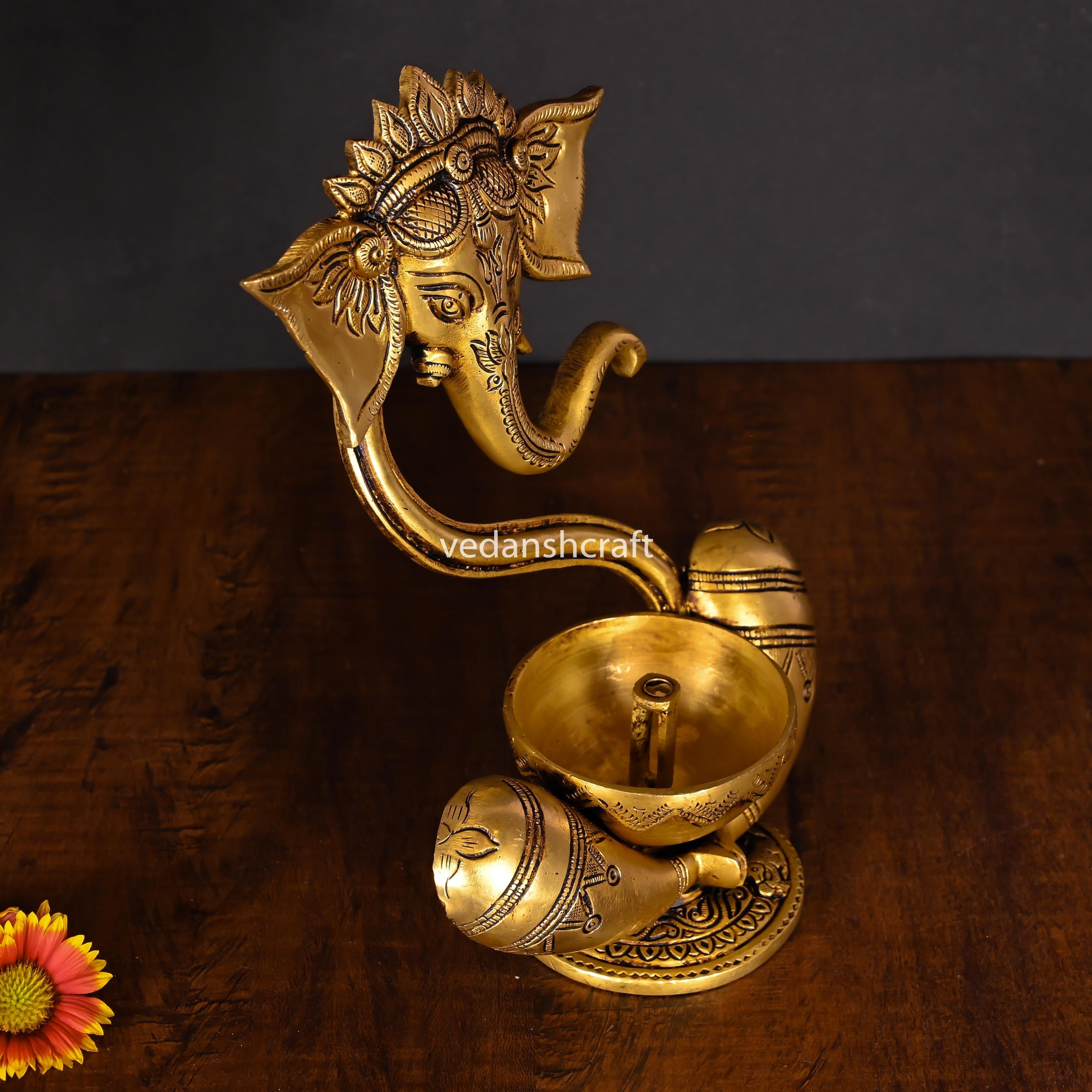 Brass Modern Ganesha Idol With Akhand Diya (8.8 Inch) Vedansh Craft