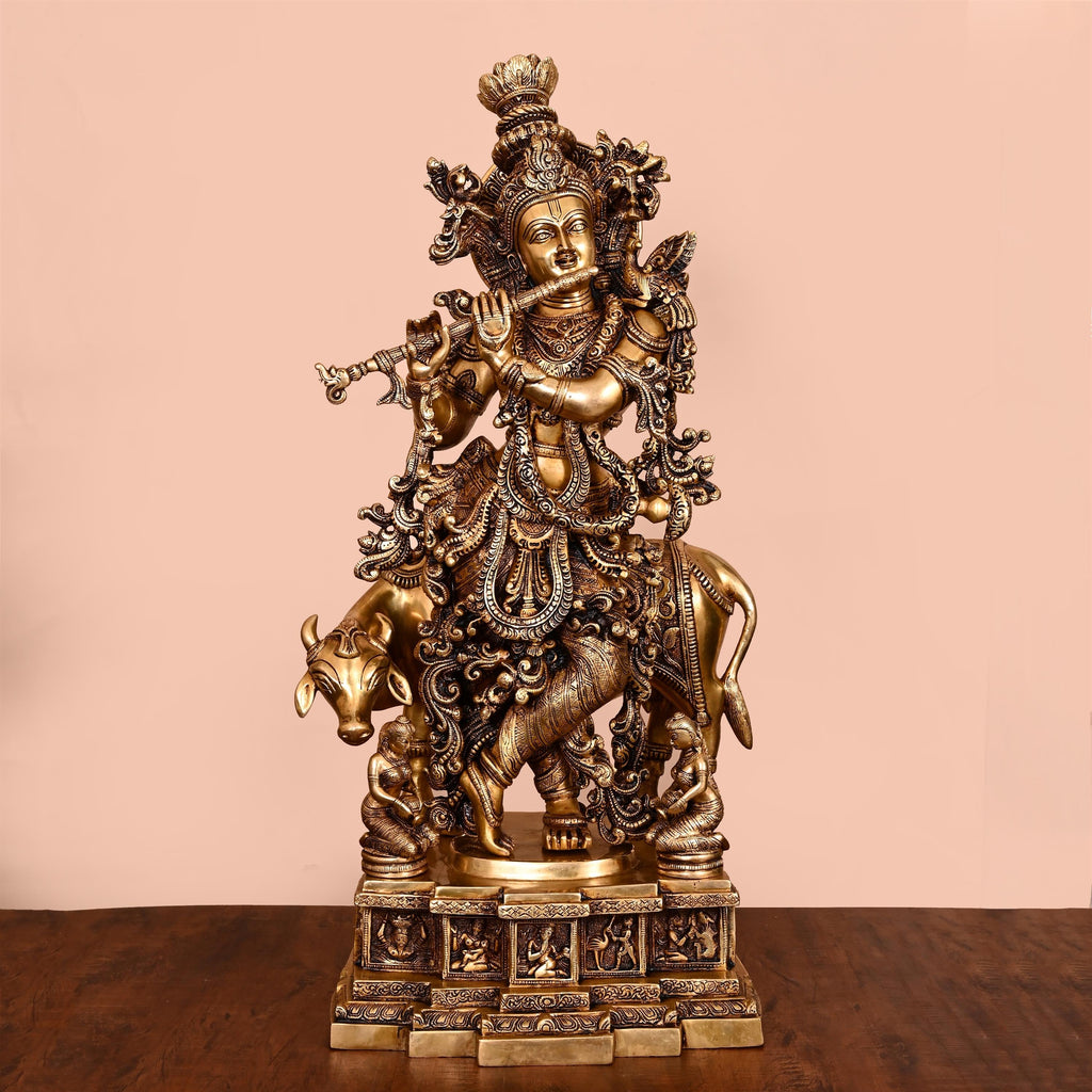 Brass Standing Lord Krishna With Cow Idol (27.5 Inch) Vedansh Craft