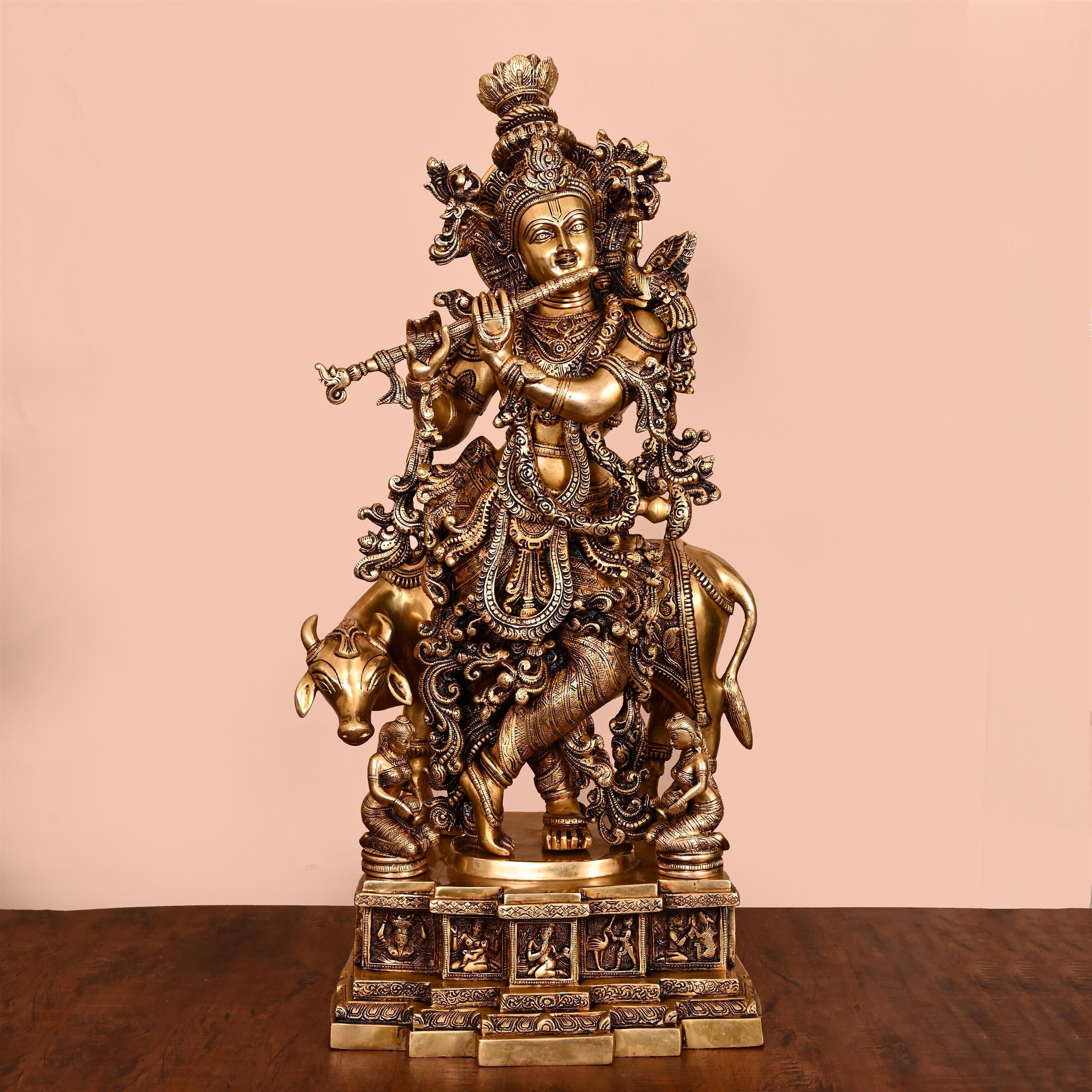 Brass Standing Lord Krishna With Cow Idol (27.5 Inch) Vedansh Craft