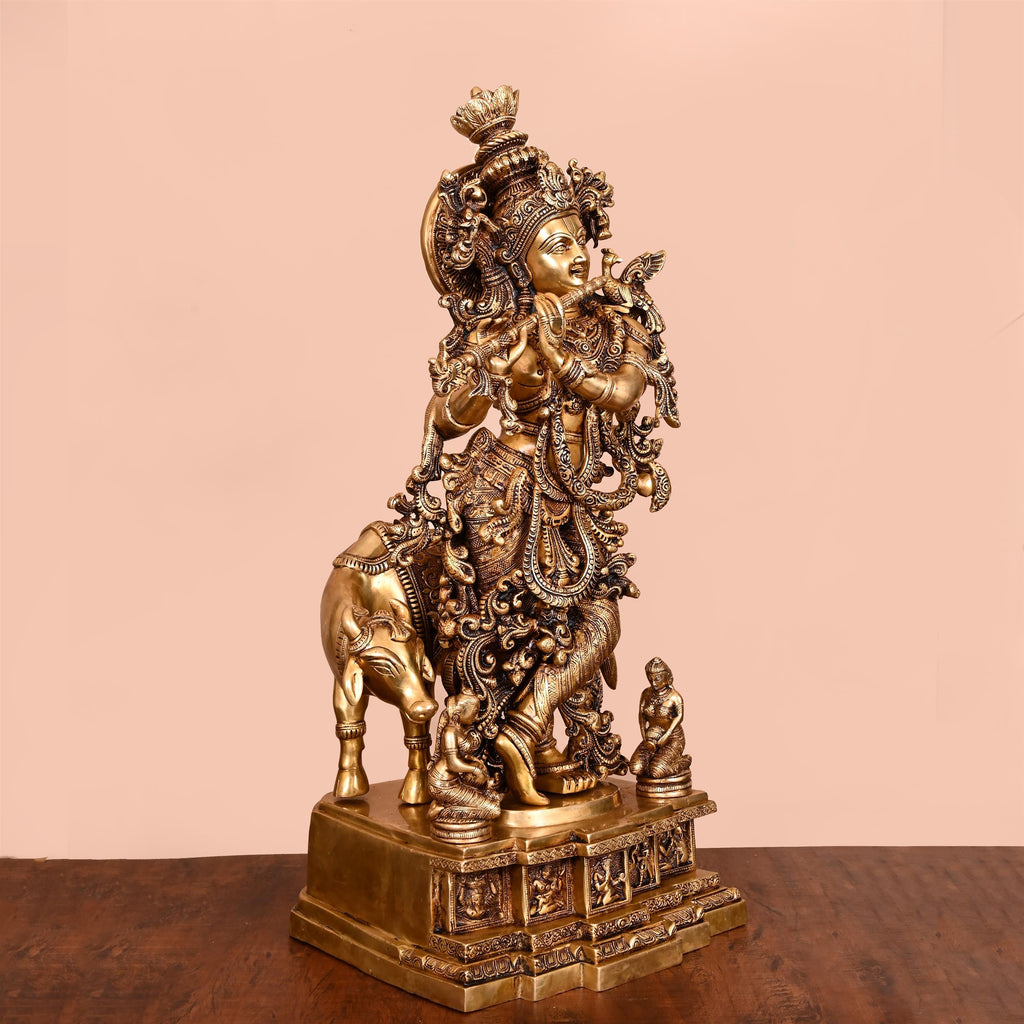 Brass Standing Lord Krishna With Cow Idol (27.5 Inch) Vedansh Craft