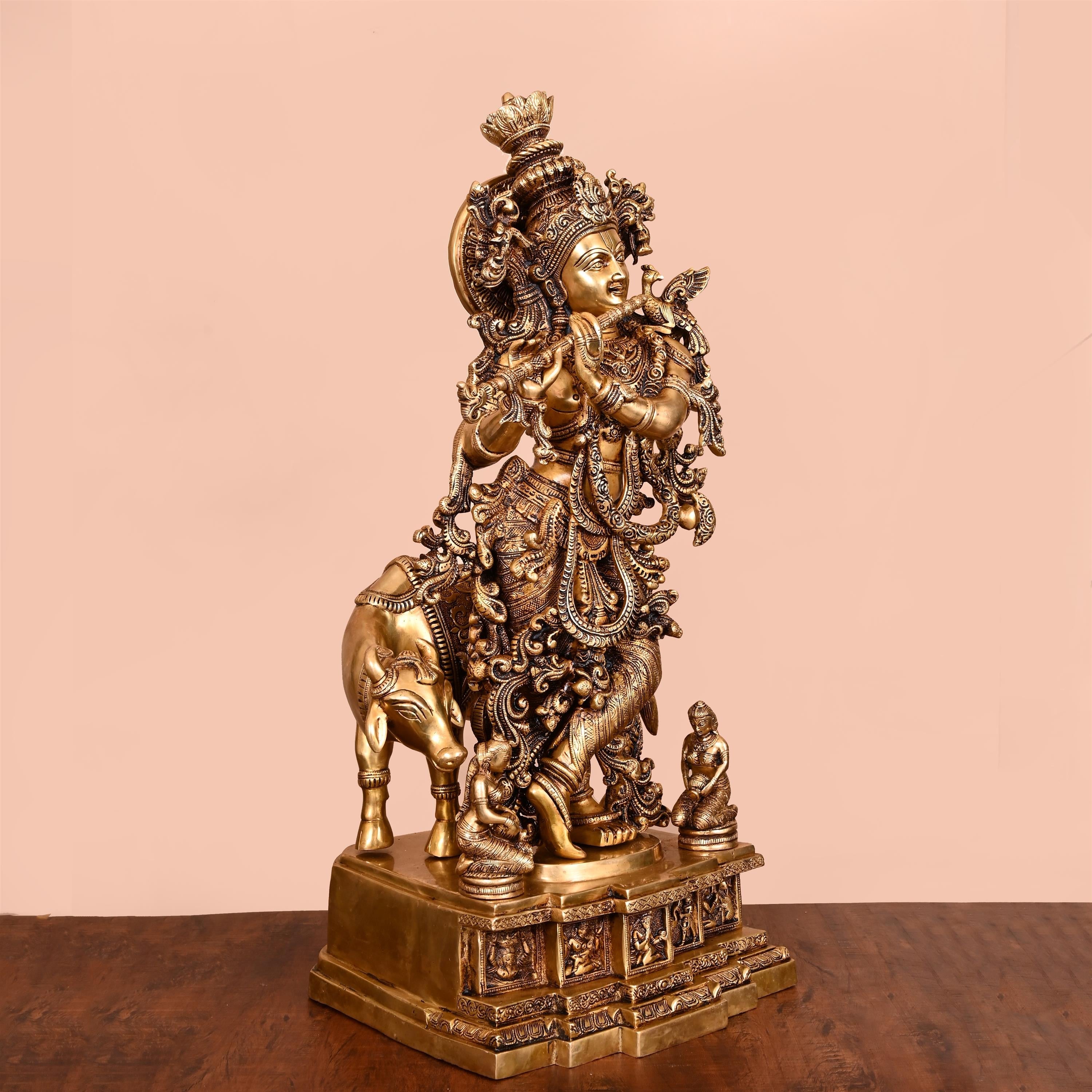 Brass Standing Lord Krishna With Cow Idol (27.5 Inch) Vedansh Craft