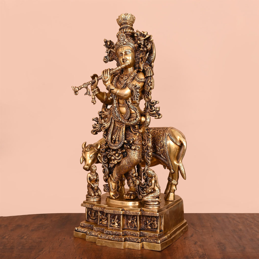 Brass Standing Lord Krishna With Cow Idol (27.5 Inch) Vedansh Craft