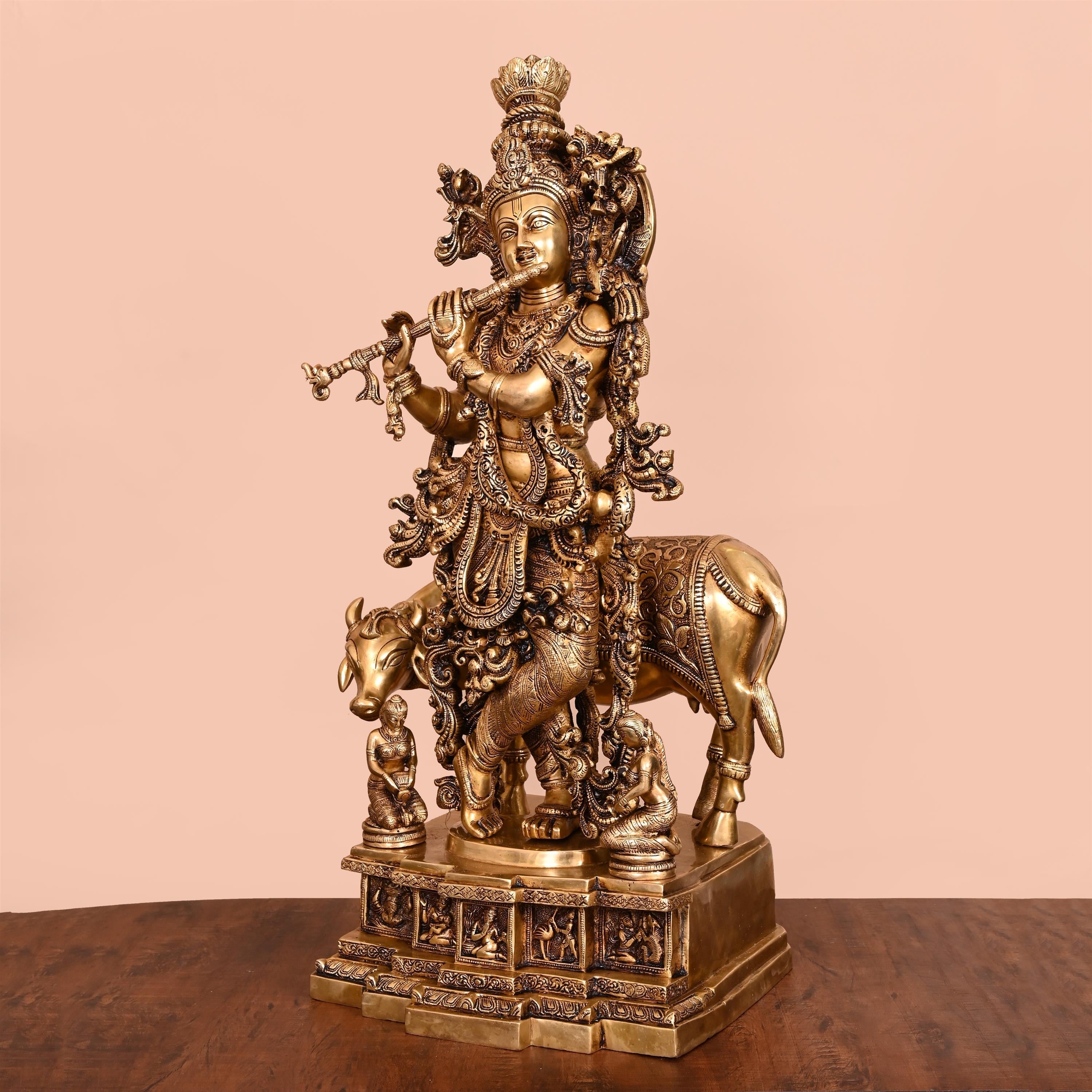 Brass Standing Lord Krishna With Cow Idol (27.5 Inch) Vedansh Craft