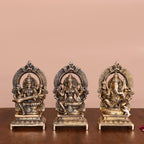 Brass Sitting Lakshmi, Ganesha, And Saraswati On Throne Set (7.5 Inch) Vedansh Craft