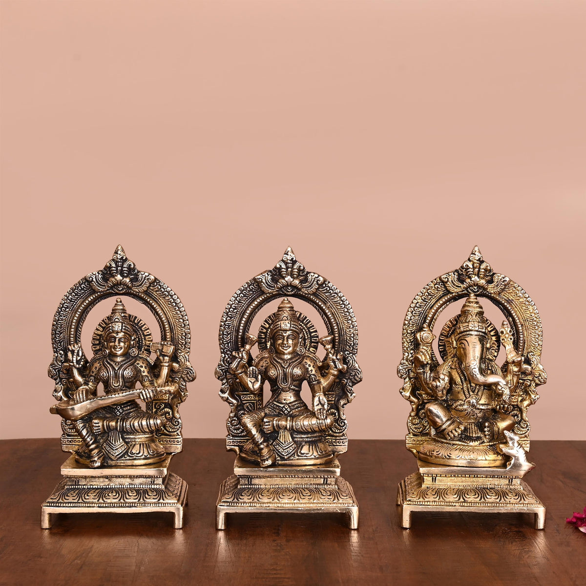 Brass Sitting Lakshmi, Ganesha, And Saraswati On Throne Set (7.5 Inch) Vedansh Craft