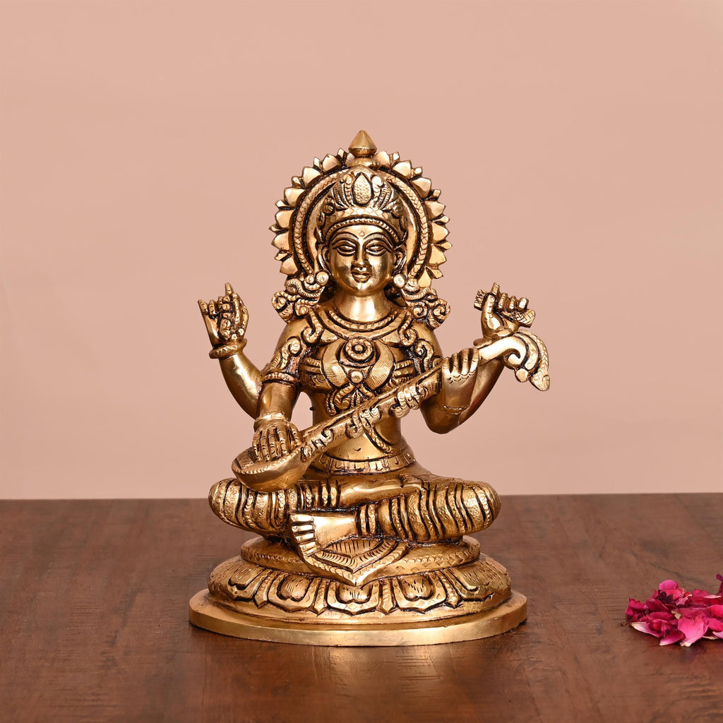 Brass Superfine Goddess Sitting Saraswati Idol (7.5 Inch) Vedansh Craft