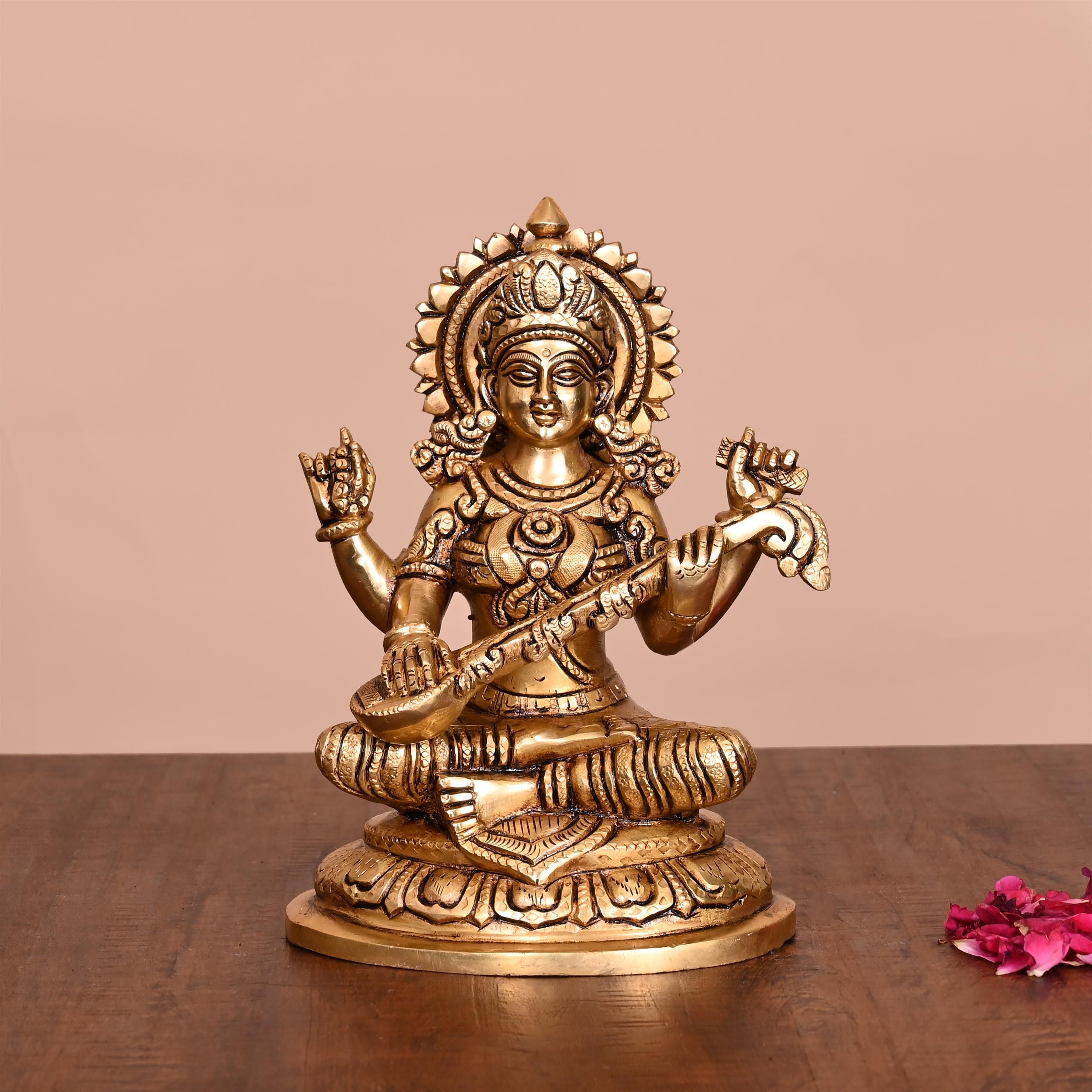 Brass Superfine Goddess Sitting Saraswati Idol (7.5 Inch) Vedansh Craft