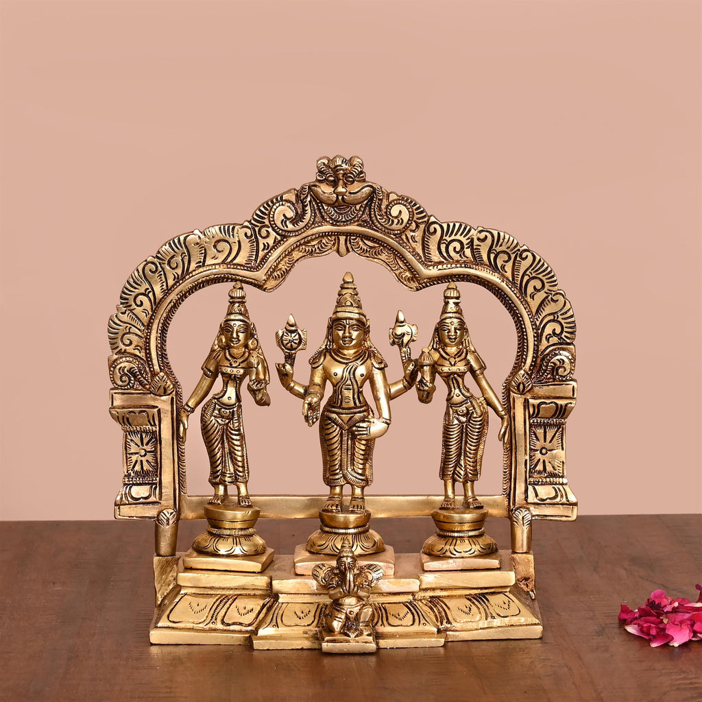 Brass Lord Balaji, Sri Devi And Bhudevi With Prabhavali Frame (8.8 Inch) Vedansh Craft