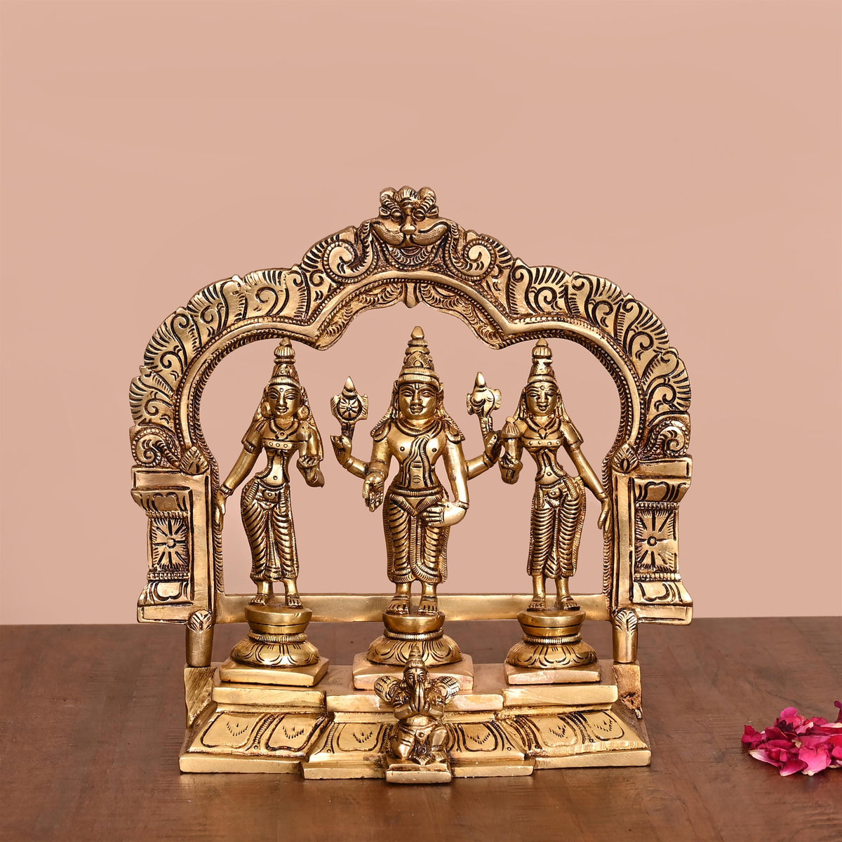Brass Lord Balaji, Sri Devi And Bhudevi With Prabhavali Frame (8.8 Inch) Vedansh Craft