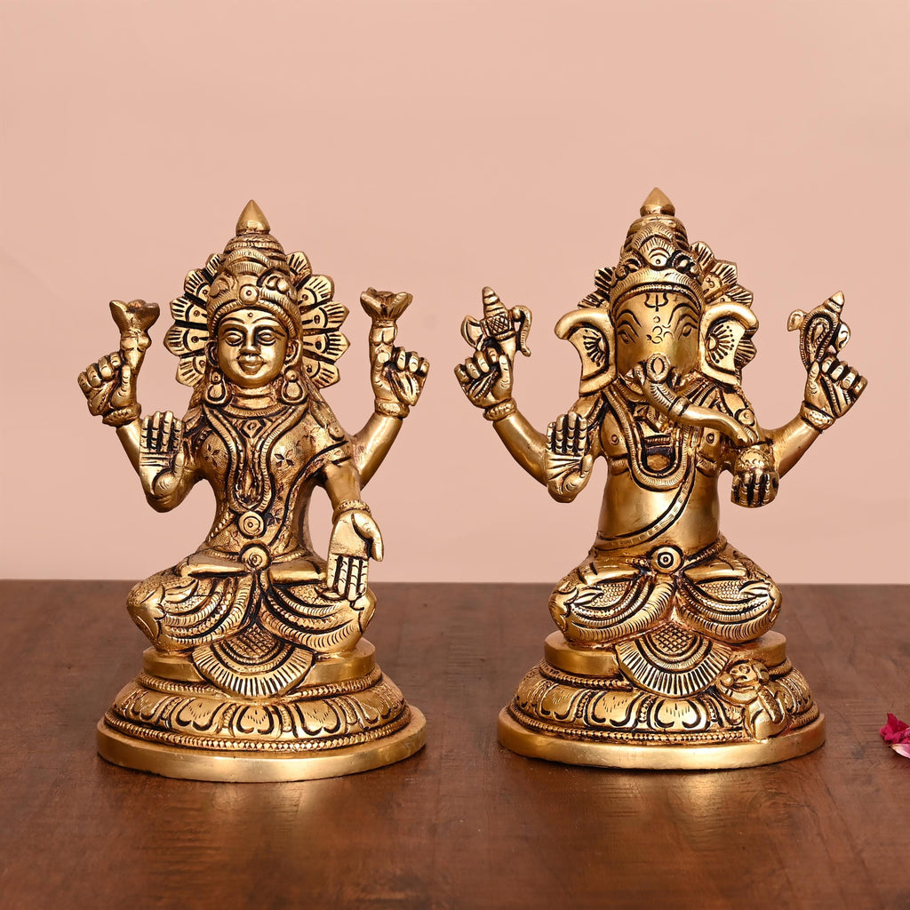 Brass Sitting Ganesha And Lakshmi Idols (6.8 Inch) Vedansh Craft