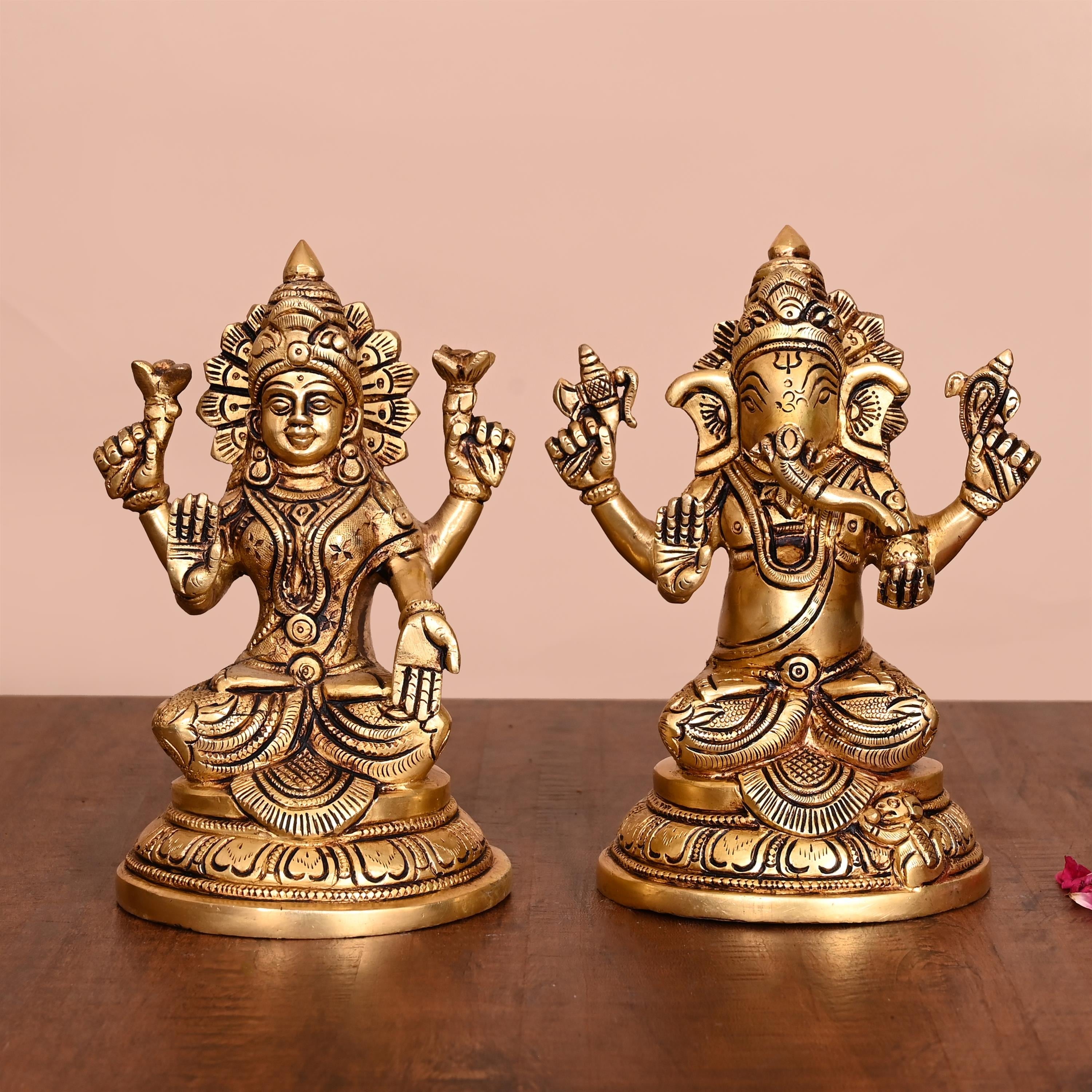 Brass Sitting Ganesha And Lakshmi Idols (6.8 Inch) Vedansh Craft