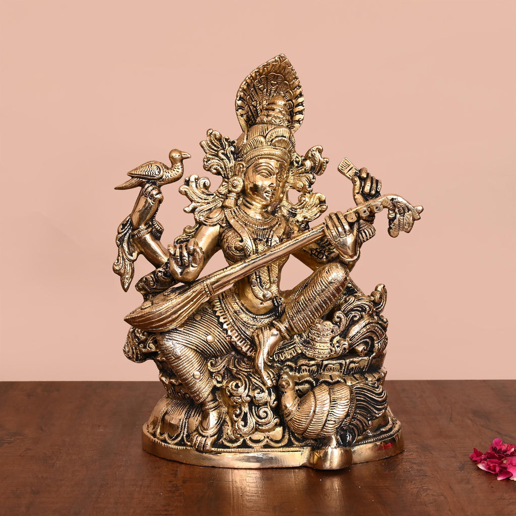 BRASS GODDESS SITTING SARASWATI IDOL (11") Vedansh Craft