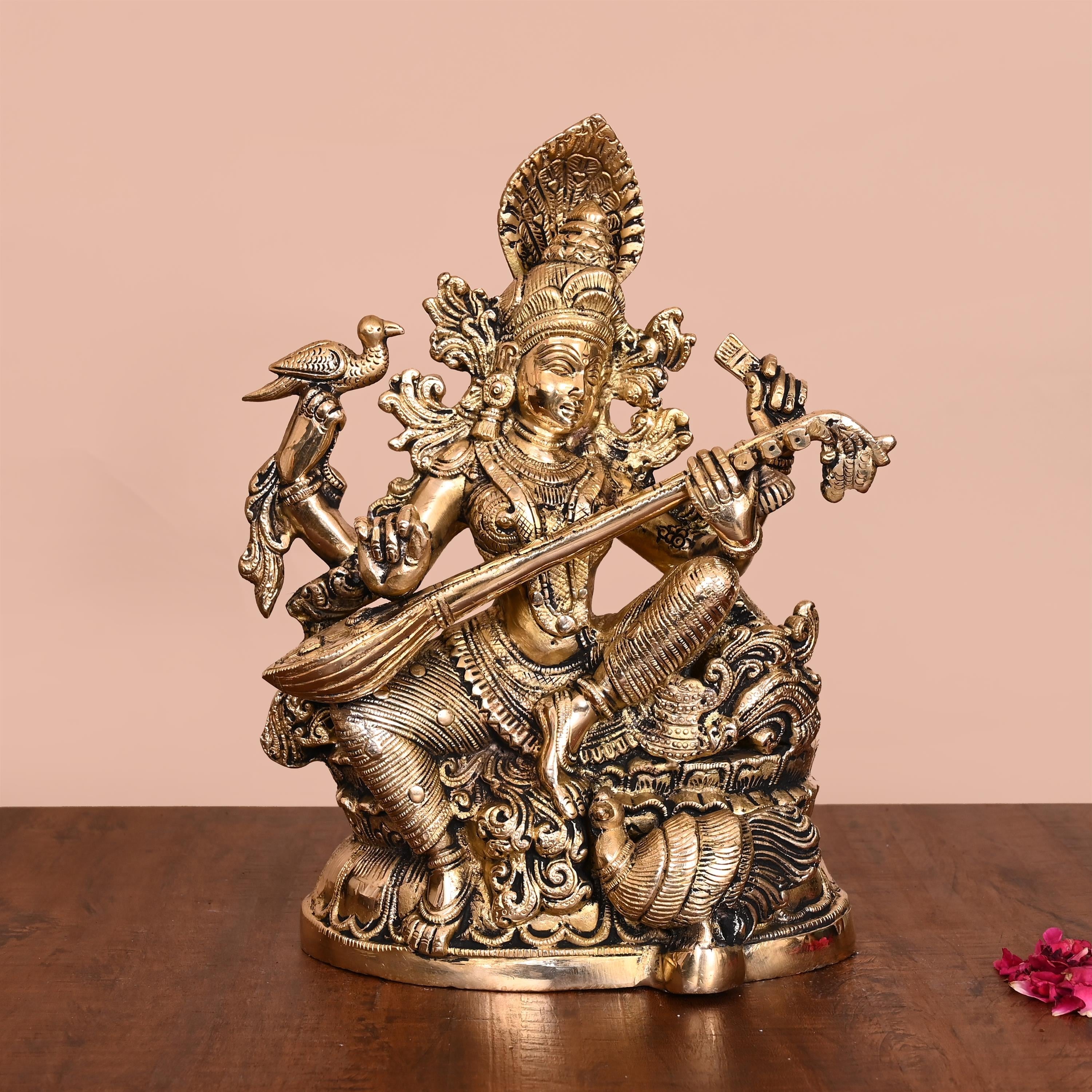 BRASS GODDESS SITTING SARASWATI IDOL (11") Vedansh Craft