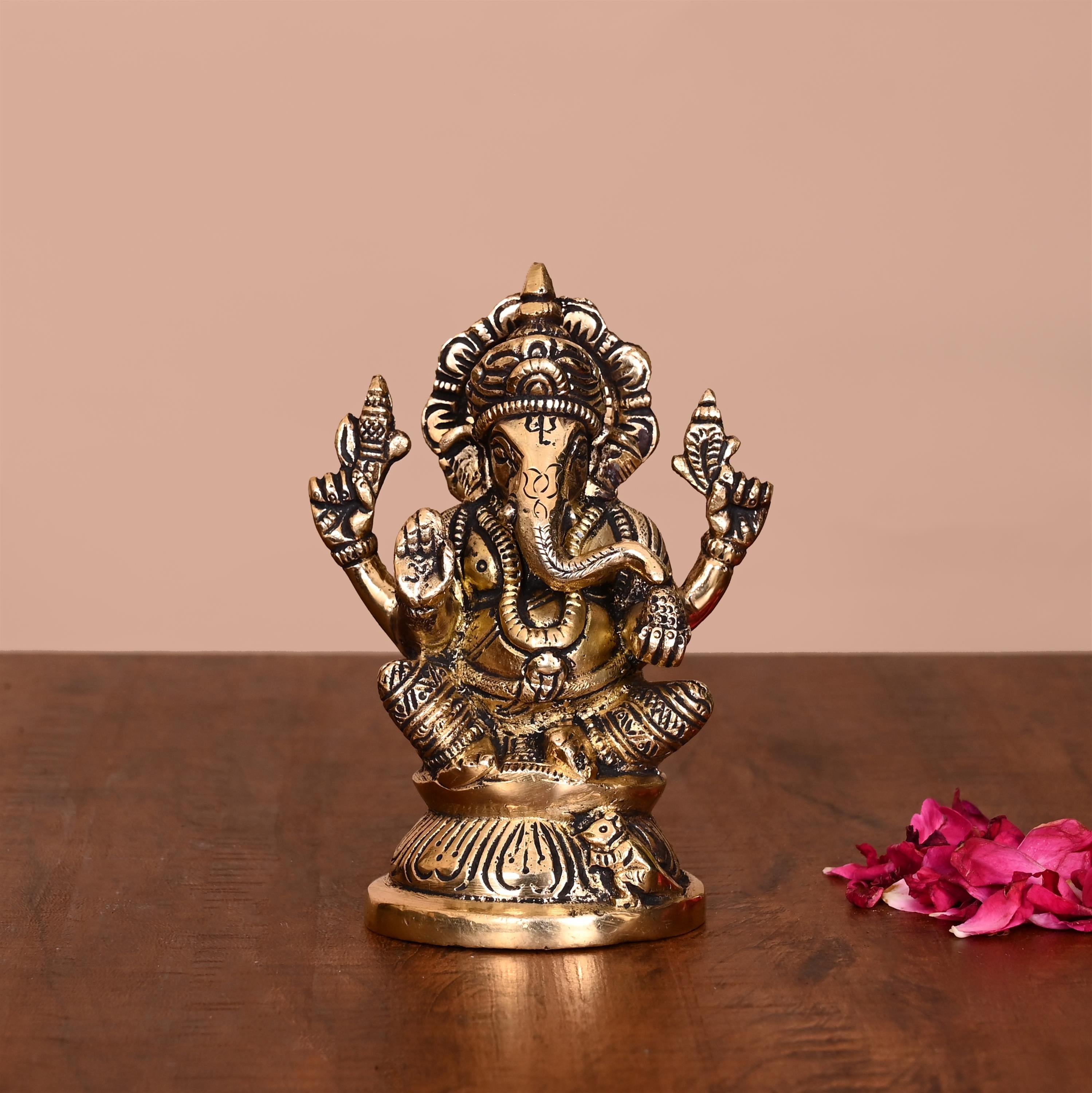 Brass Blessing Sitting Ganesha Idol (4.5 Inch) Vedansh Craft