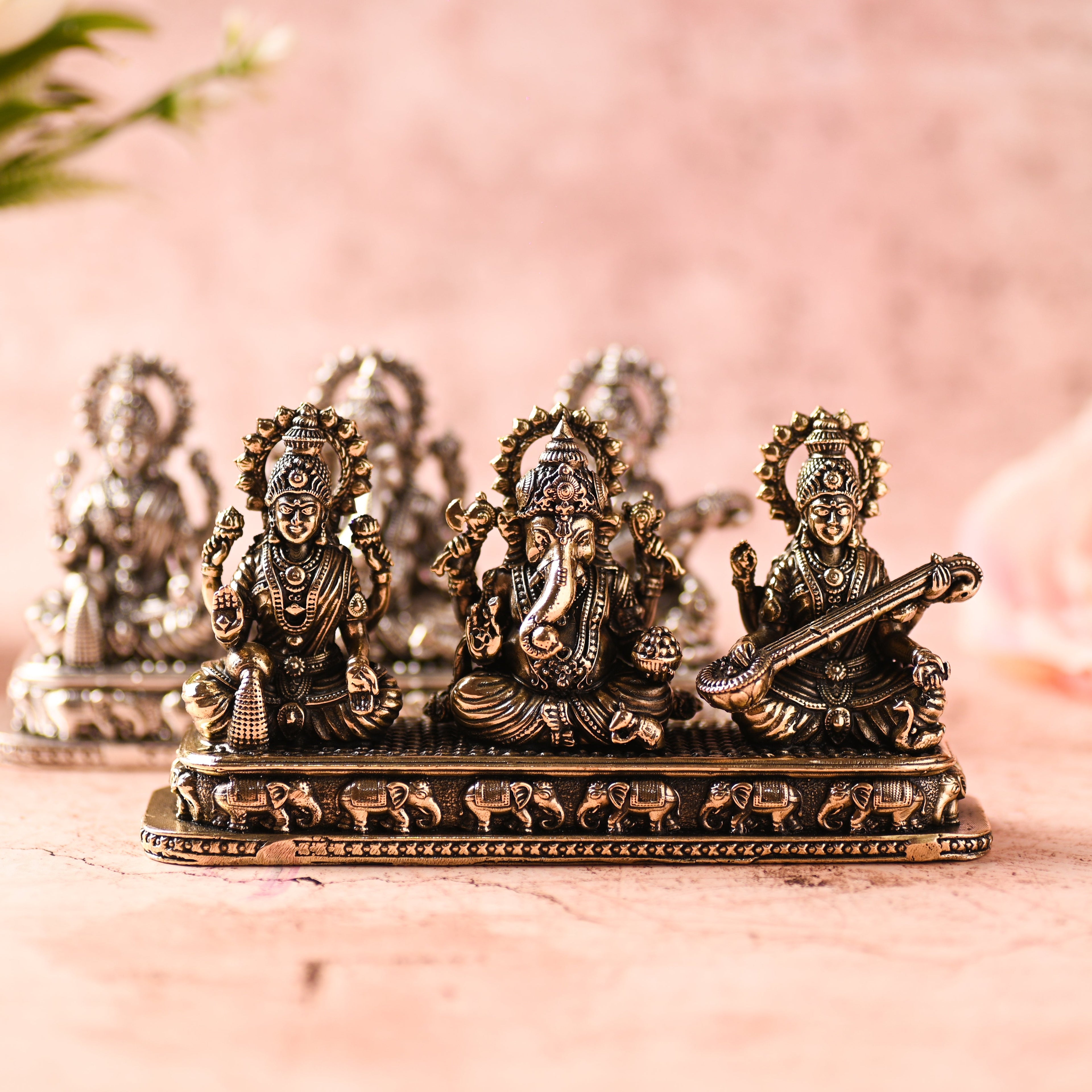 Brass Ganesha, Lakshmi & Saraswati Sitting Lightweight Idols (3 Inch) Vedansh Craft