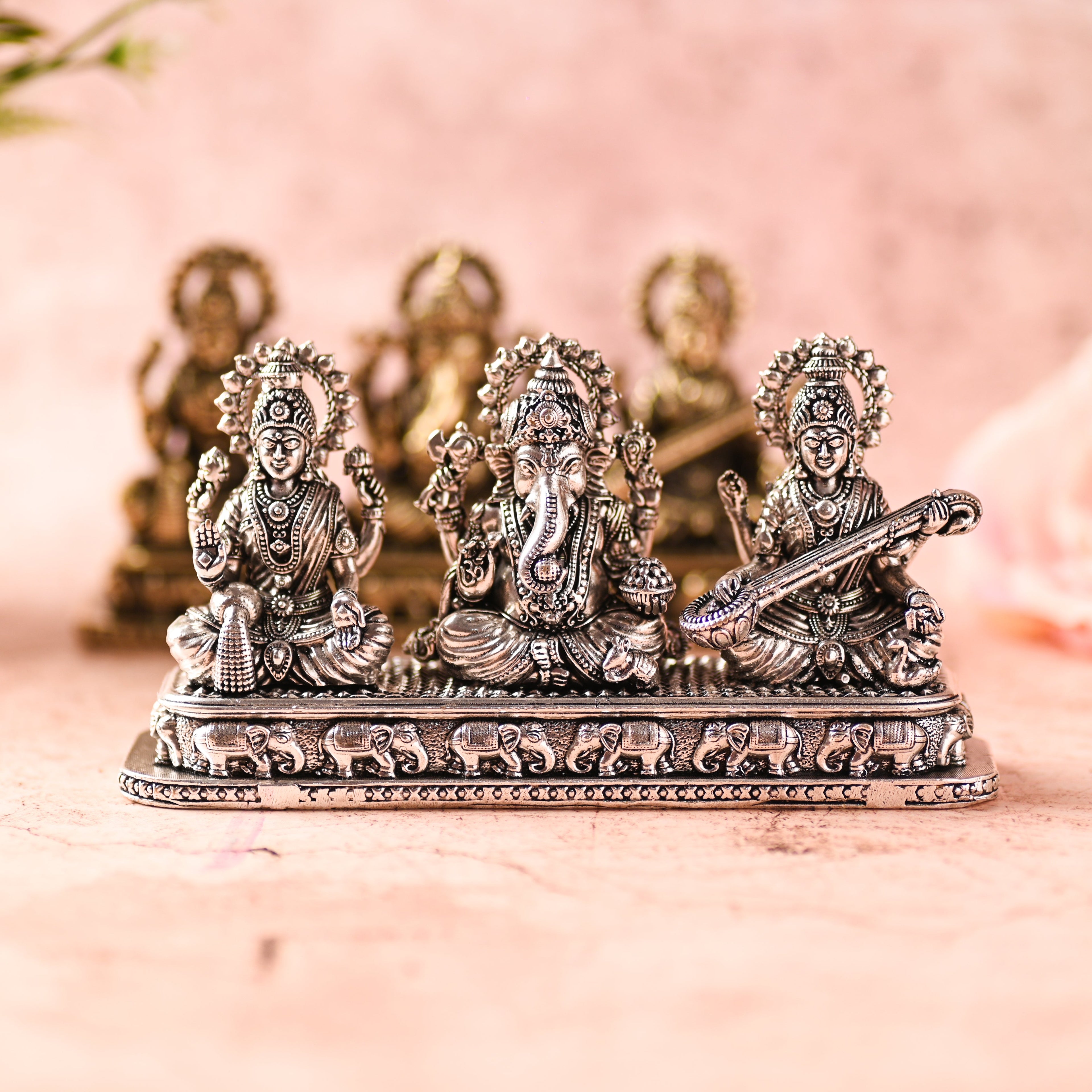 Brass Ganesha, Lakshmi & Saraswati Sitting Lightweight Idols (3 Inch) Vedansh Craft