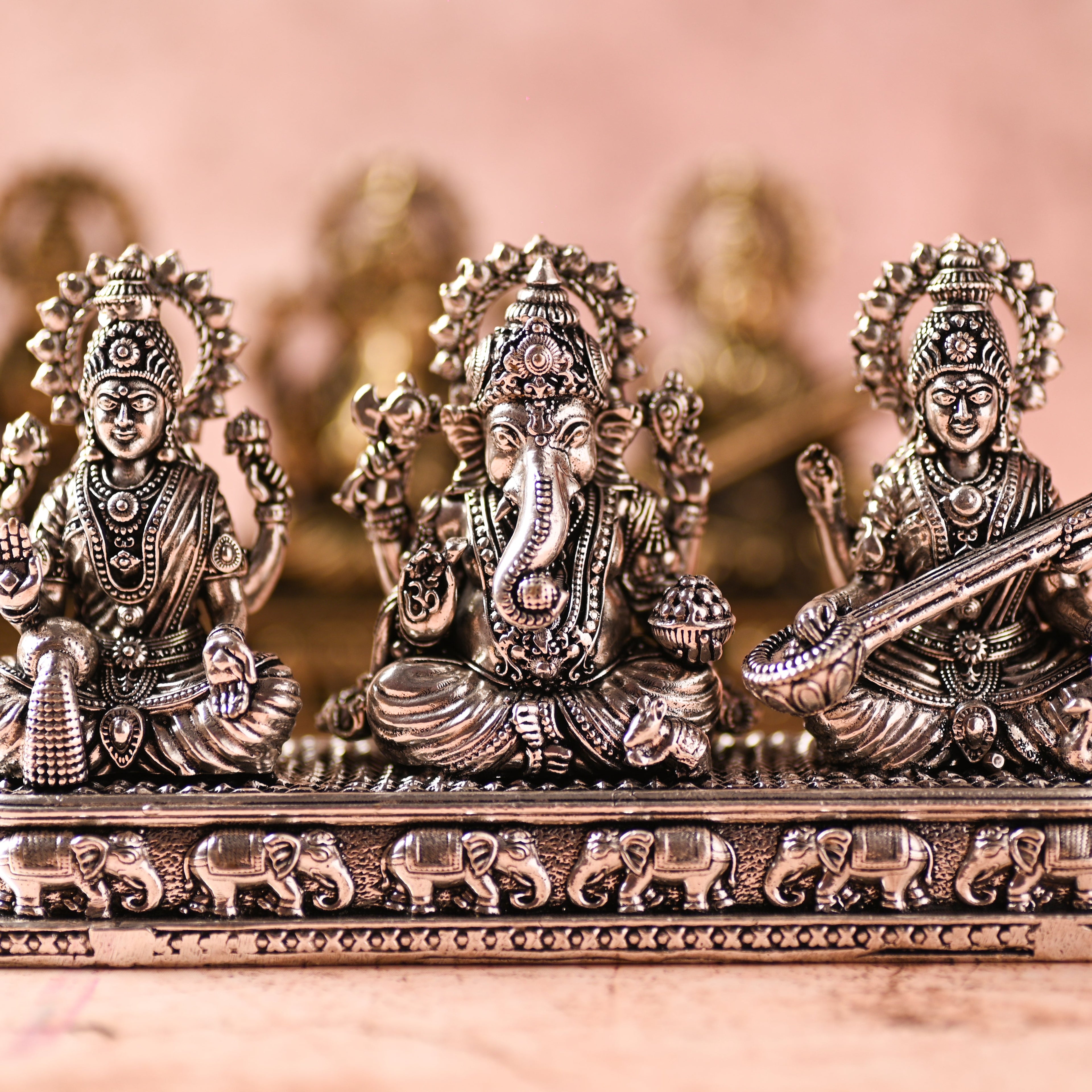 Brass Ganesha, Lakshmi & Saraswati Sitting Lightweight Idols (3 Inch) Vedansh Craft