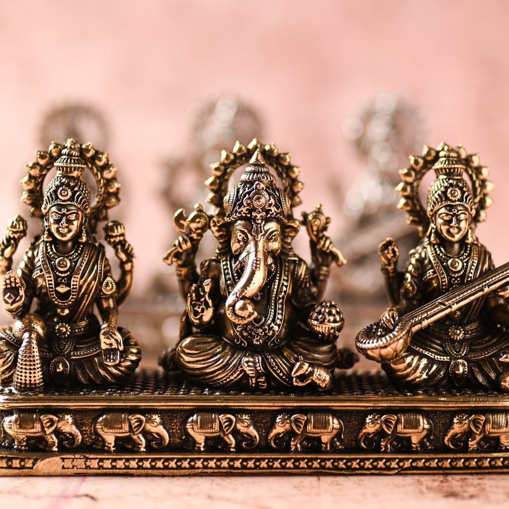 Brass Ganesha, Lakshmi & Saraswati Sitting Lightweight Idols (3 Inch) Vedansh Craft