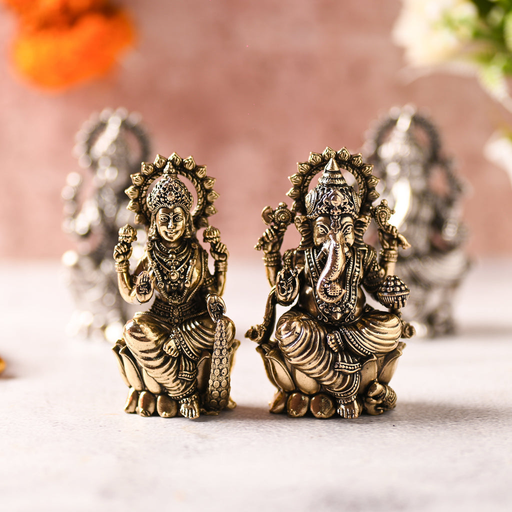 Brass Superfine Lotus Sitting Ganesha & Lakshmi Lightweight Idol (3.5 Inch) Vedansh Craft