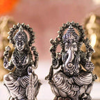 Brass Silver Plated Lightweight Ganesha & Lakshmi Idol Sitting on Lotus (3.5 Inch) Vedansh Craft