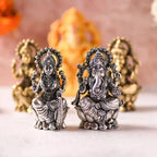 Brass Silver Plated Lightweight Ganesha & Lakshmi Idol Sitting on Lotus (3.5 Inch) Vedansh Craft