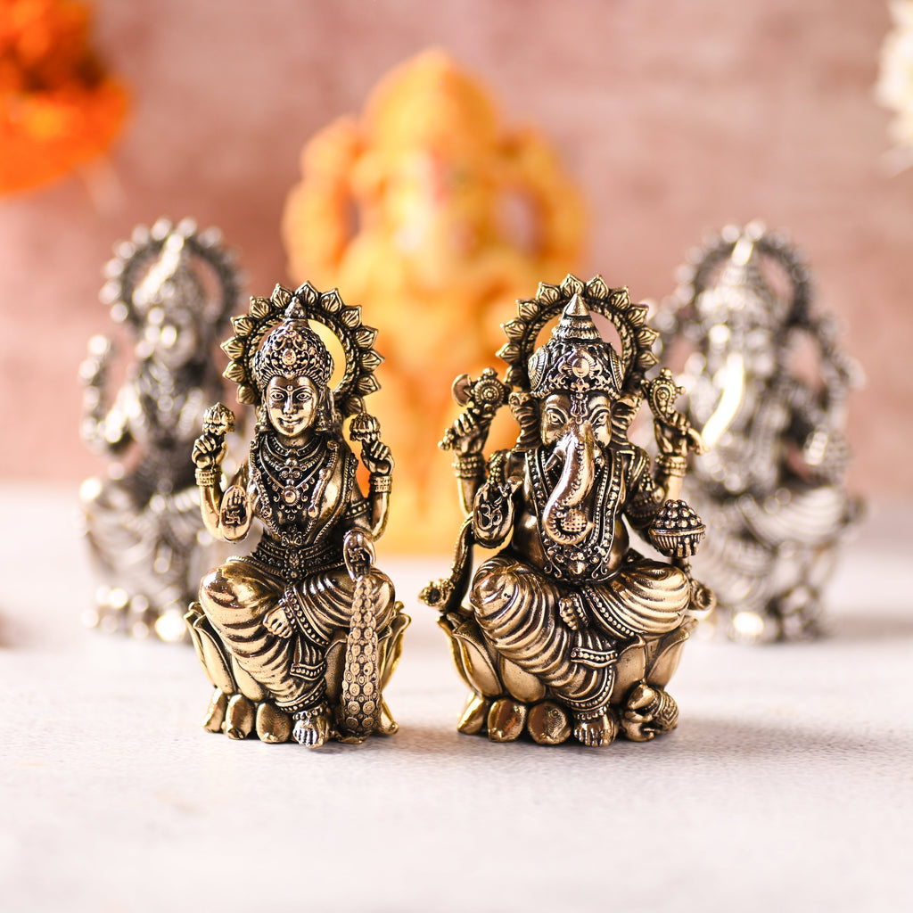 Brass Superfine Lotus Sitting Ganesha & Lakshmi Lightweight Idol (3.5 Inch) Vedansh Craft