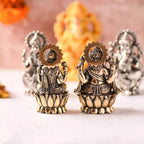 Brass Silver Plated Lightweight Ganesha & Lakshmi Idol Sitting on Lotus (3.5 Inch) Vedansh Craft