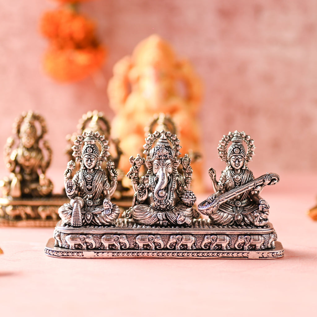 Brass Ganesha, Lakshmi & Saraswati Sitting Lightweight Idols (3 Inch) Vedansh Craft